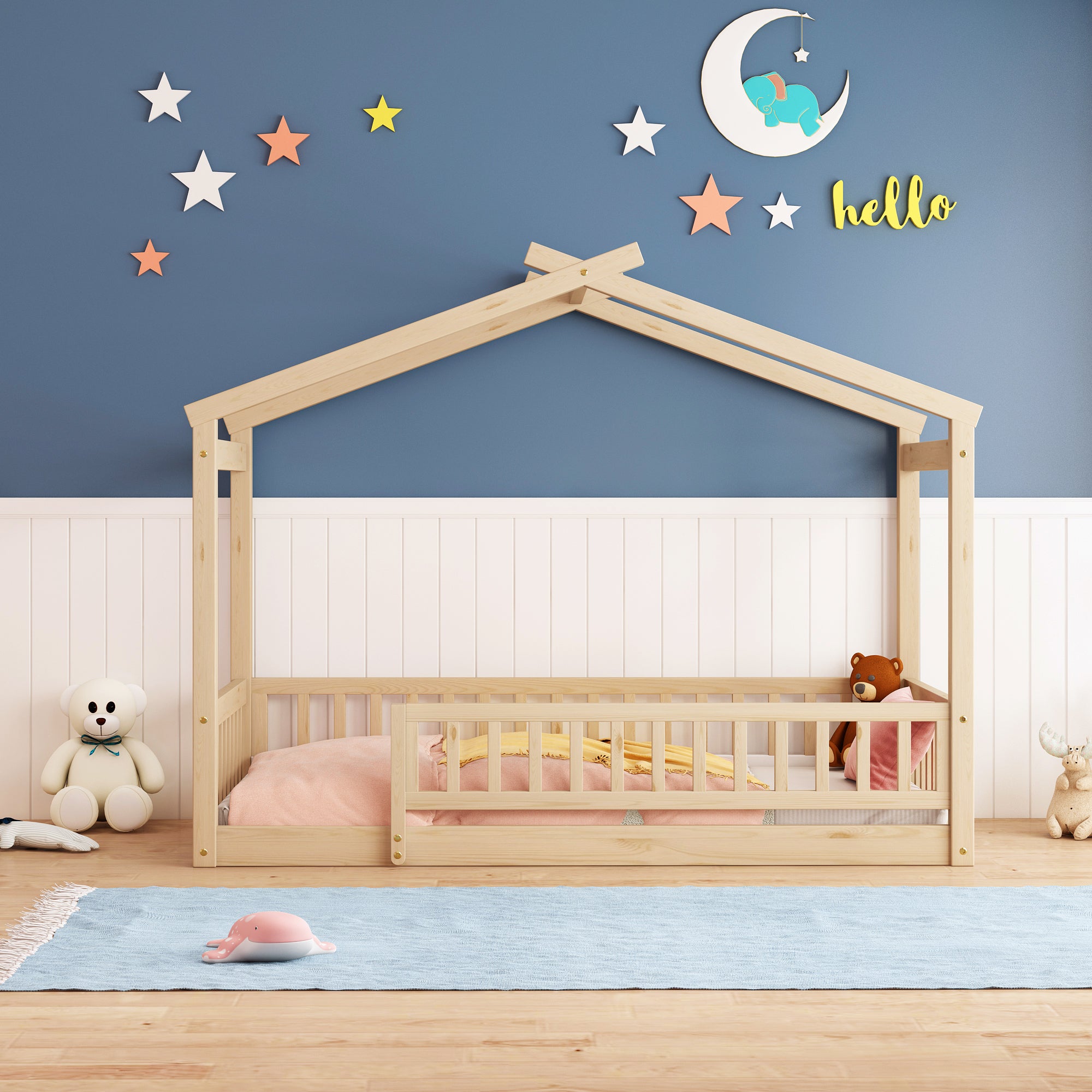 Twin Size Wood Bed House Bed Frame with Fence, for Kids, Teens, Girls, Boys,Natural