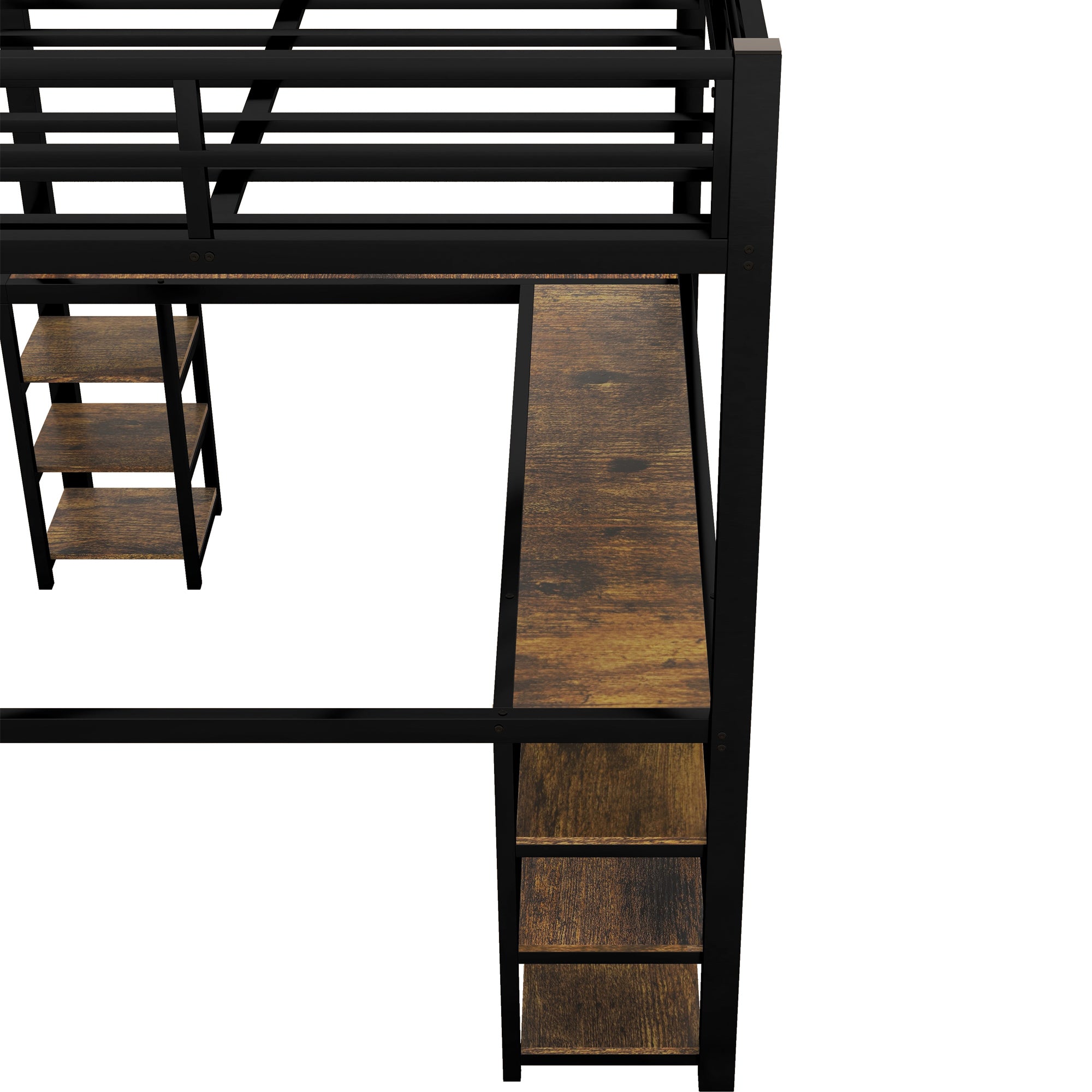 Full Metal Loft Bed with Desk and Shelves, Loft Bed with Ladder and Guardrails, Loft Bed Frame for Bedroom, Black with Vintage Wood-colored desk