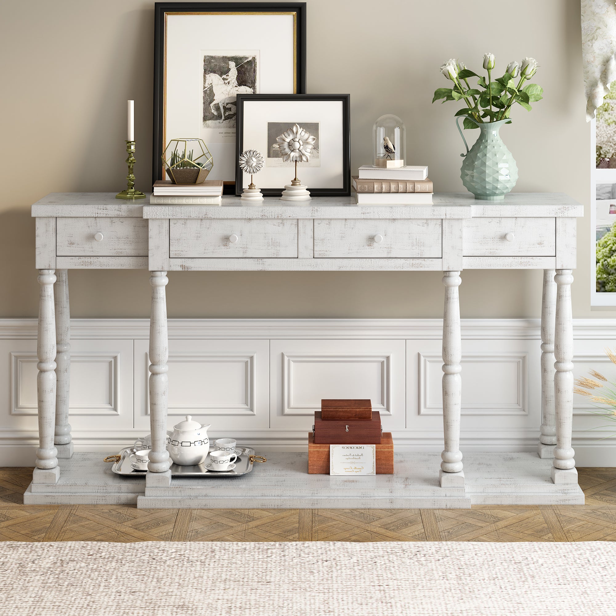 U_STYLE Retro Senior Console Table for Hallway Living Room Bedroom with 4 Front Facing Storage Drawers and 1 Shelf