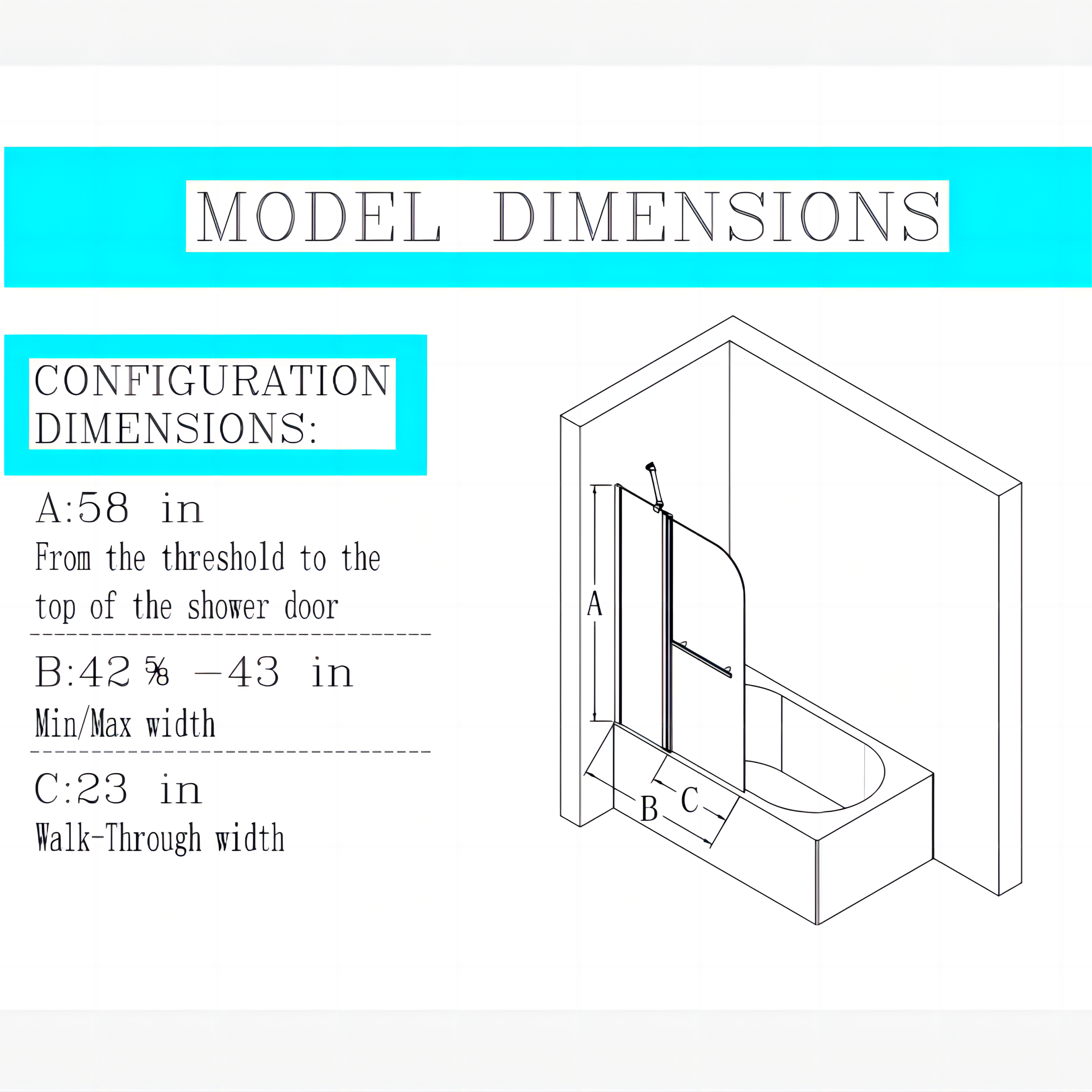 43" W x 58" H Frameless Folding Shower Doors for Bathtub with 1/4" (6mm) Thick SGCC Tempered Glass Door, Bathroom Pivot Tub Glass Door