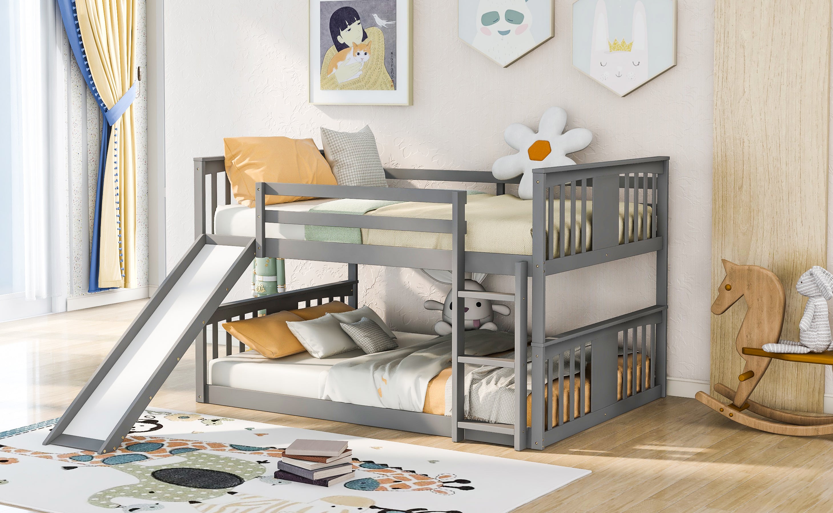 Full Over Full Bunk Bed with Ladder with Slide, Gray (Old SKU :LP000208AAE)