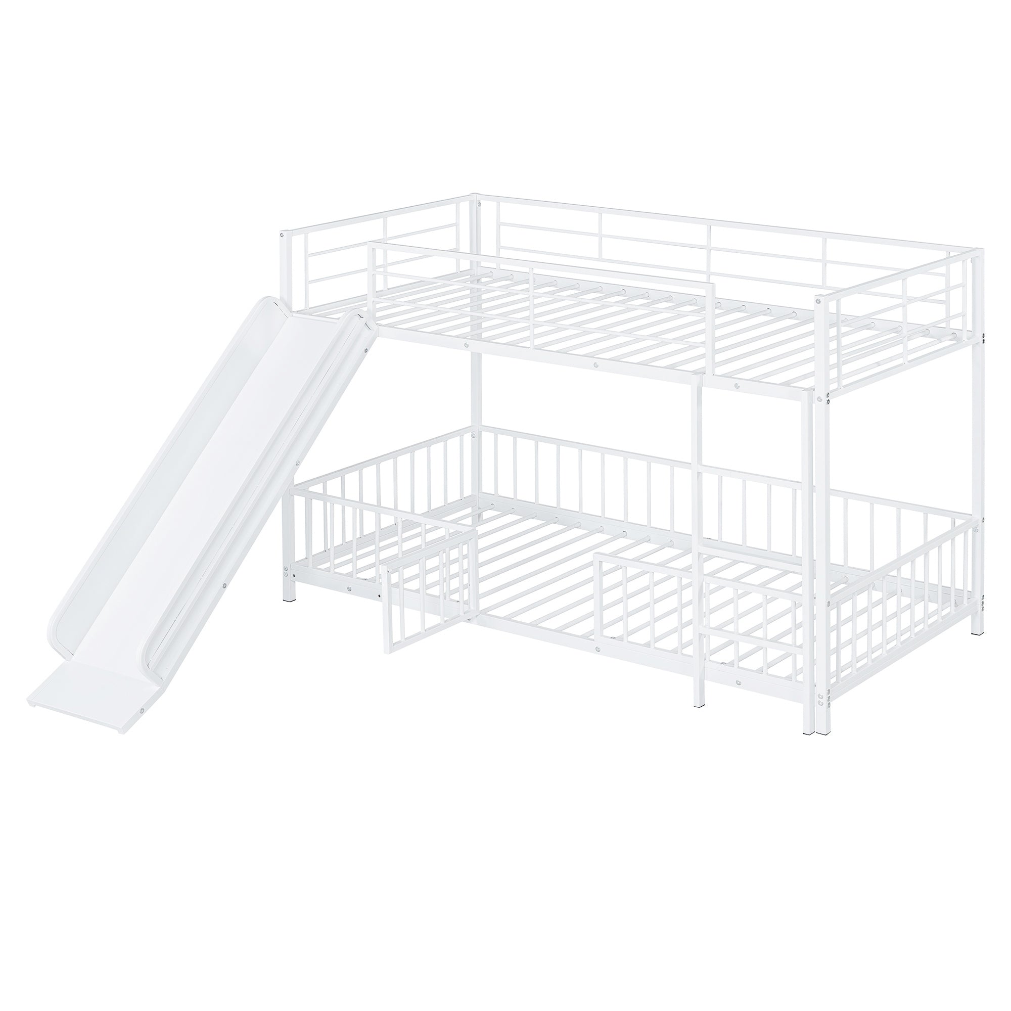 Twin over Twin Size Metal Bunk Bed with Slide and Guardrails, White