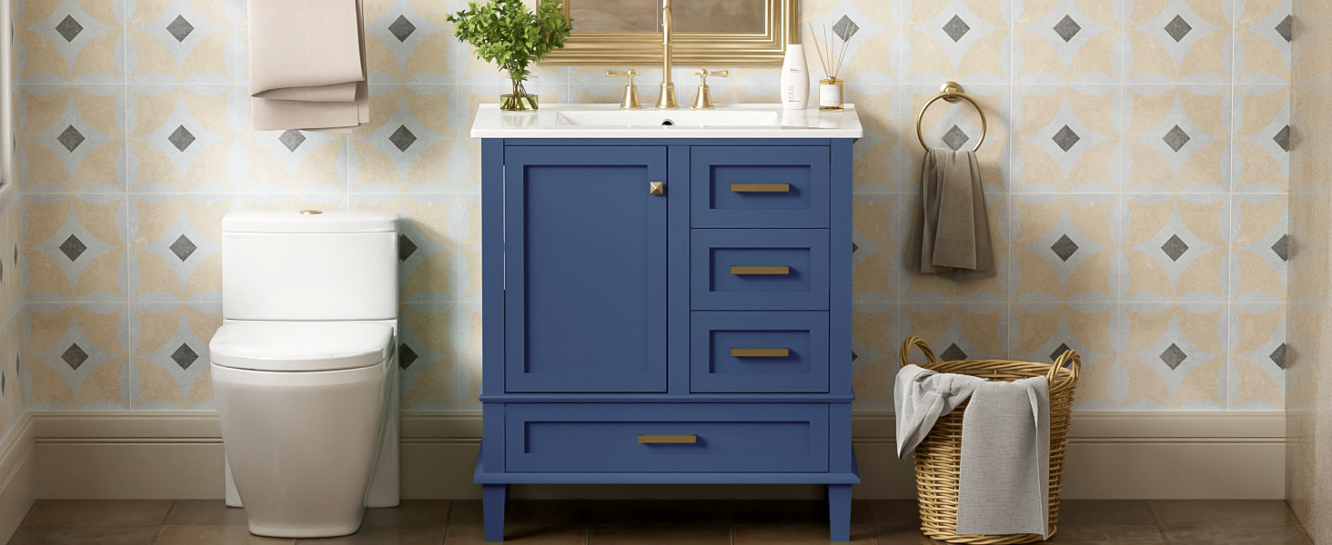 30" Bathroom Vanity , Modern Bathroom Cabinet with Sink Combo Set, Bathroom Storage Cabinet with a Soft Closing Door and 3 Drawers, Solid Wood Frame(Blue)