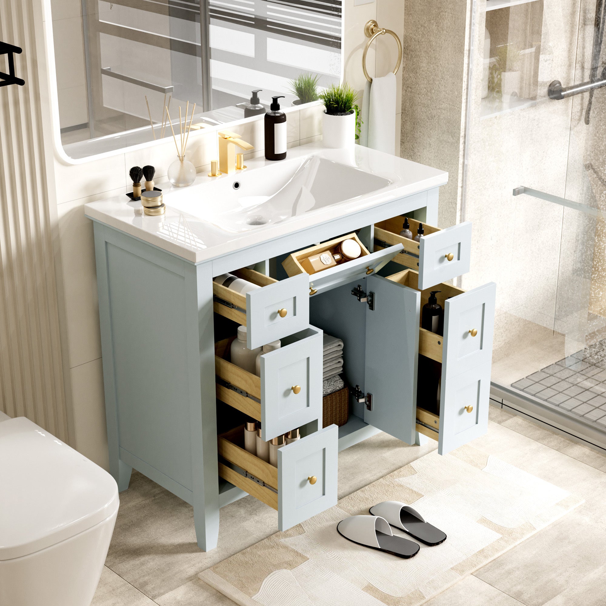 36'' Bathroon Vanity with Resin Sink Combo Set, Modern Freestanding Single Bathroom Cabinet with 6 Drawers & 2 Cabinets, Storage Cabinet for Bathroom, Solid Wood Frame Vanity Set, Light Blue