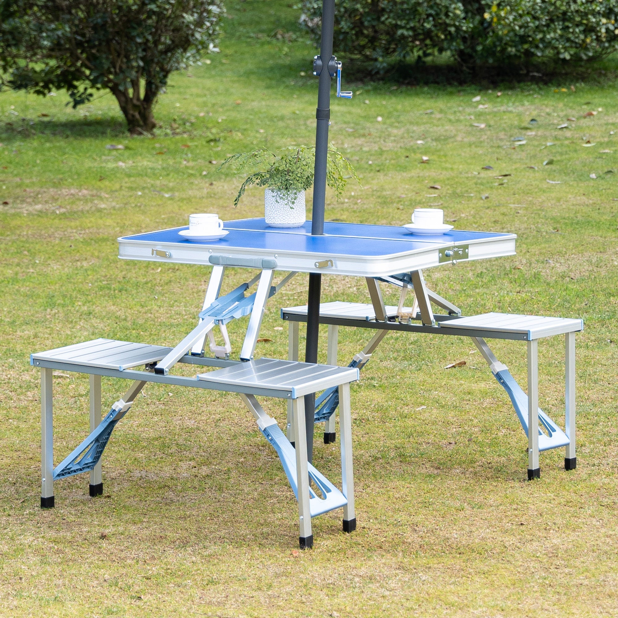 Outsunny Folding Picnic Table with Umbrella Hole, Aluminum Suitcase Portable Outdoor Table with Bench, Patio, Porch or Camping Table and Chair Set, Ocean Blue