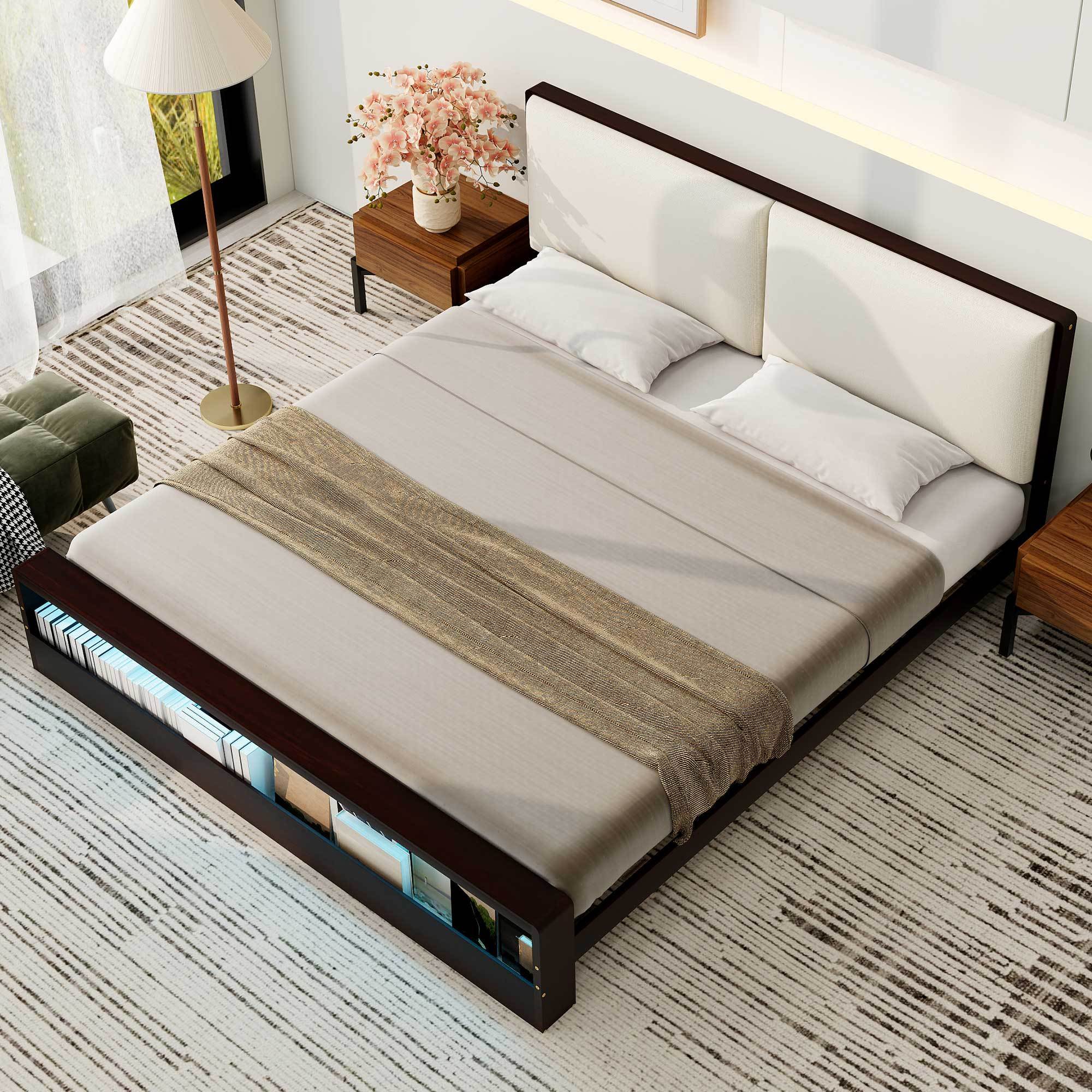 King Size Platform Bed Frame with Upholstery Headboard and  Bookshelf in Footboard and LED Light Strips, Espresso