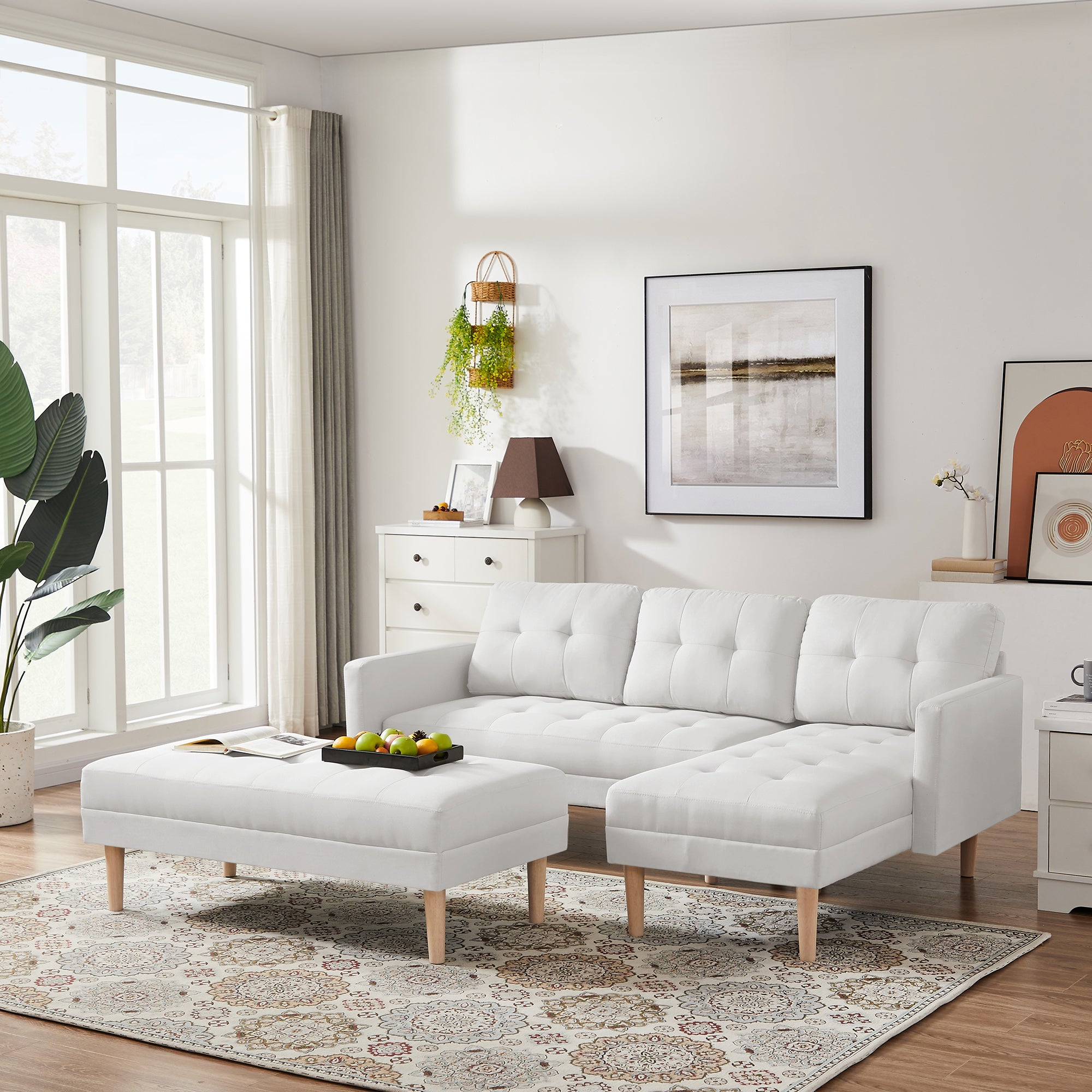 White Fabric Right Facing Sectional Sofa Bed , L-shape Sofa Chaise Lounge with Ottoman Bench