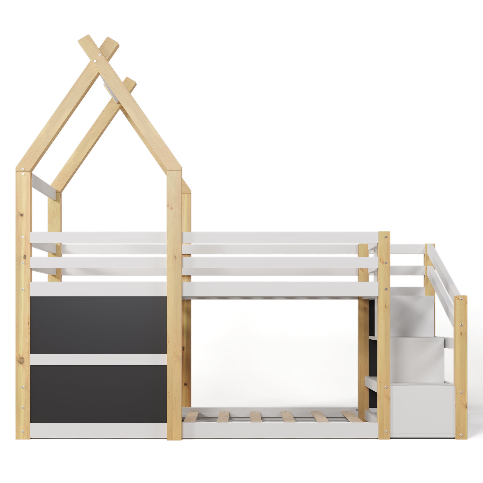 Twin over Twin House Bunk Bed with White Storage Staircase and 2 Blackboards, White and Natural