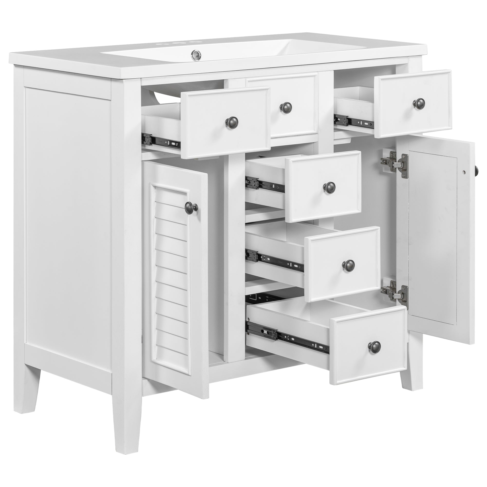 36" Bathroom Vanity with Ceramic Basin, Two Cabinets and Five Drawers, Solid Wood Frame, White (OLD SKU: SY999202AAK-1)