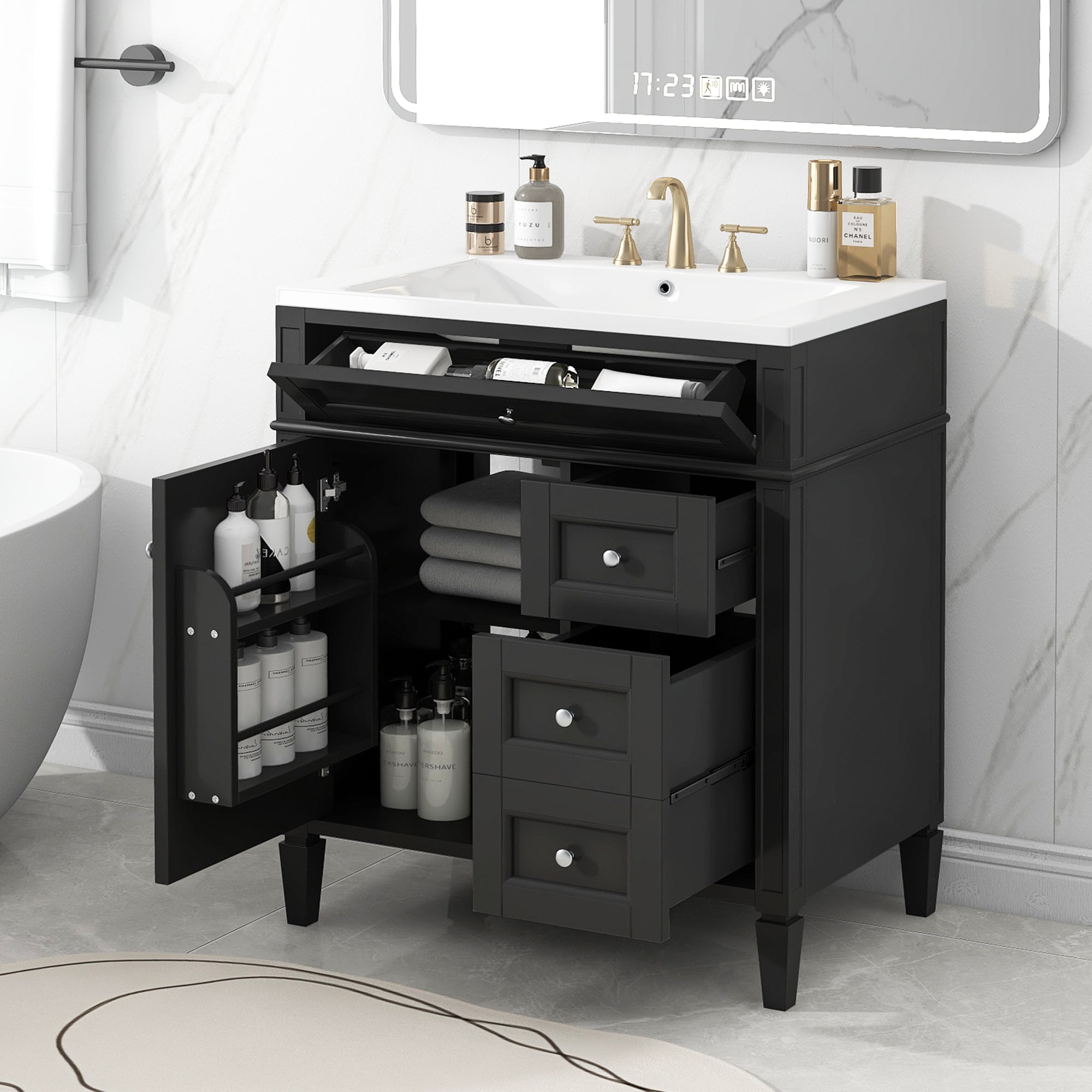 30'' Bathroom Vanity with Top Sink, Modern Bathroom Storage Cabinet with 2 Drawers and a Tip-out Drawer, Single Sink Bathroom Vanity