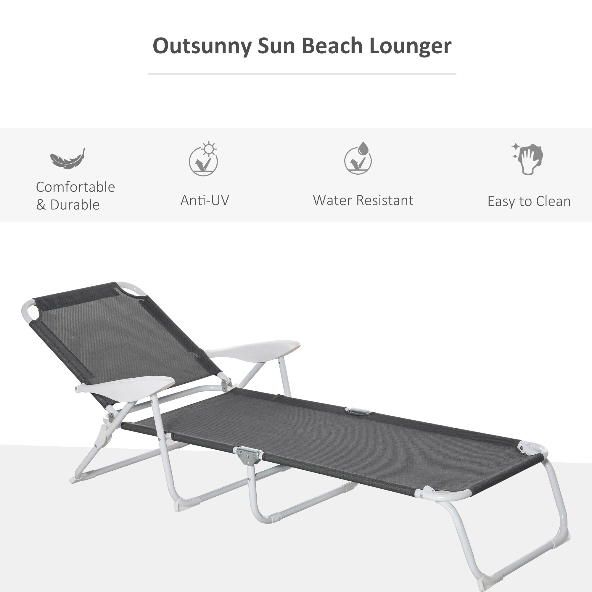 Outsunny Folding Chaise Lounge, Outdoor Sun Tanning Chair, 4-Position Reclining Back, Armrests, Metal Frame and Mesh Fabric for Beach, Yard, Patio, Dark Gray