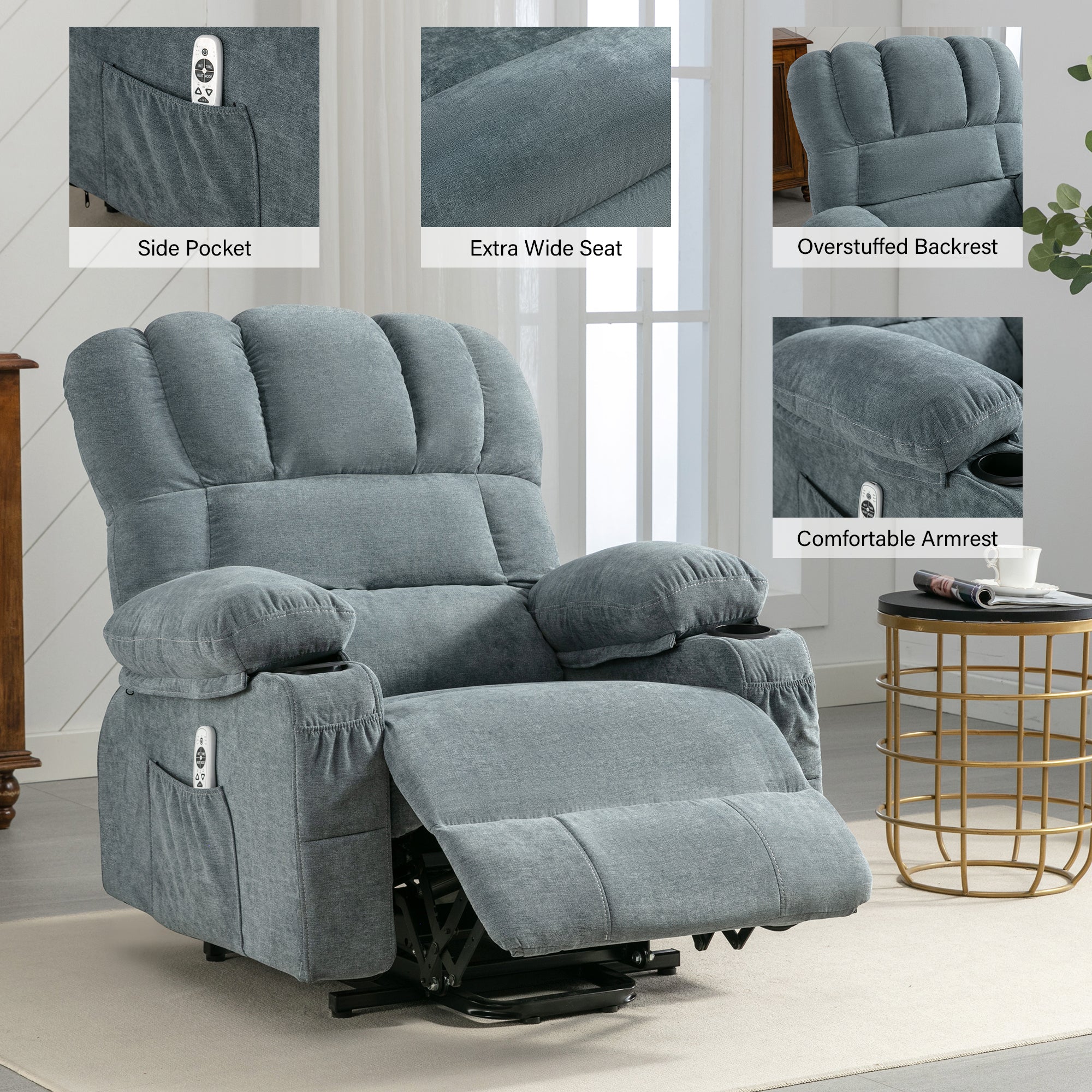 Power Lift Recliner Chair Recliners for Elderly with Heat and Massage Recliner Chair for Living Room with Infinite Position and Side Pocket,USB Charge Port.BLUE