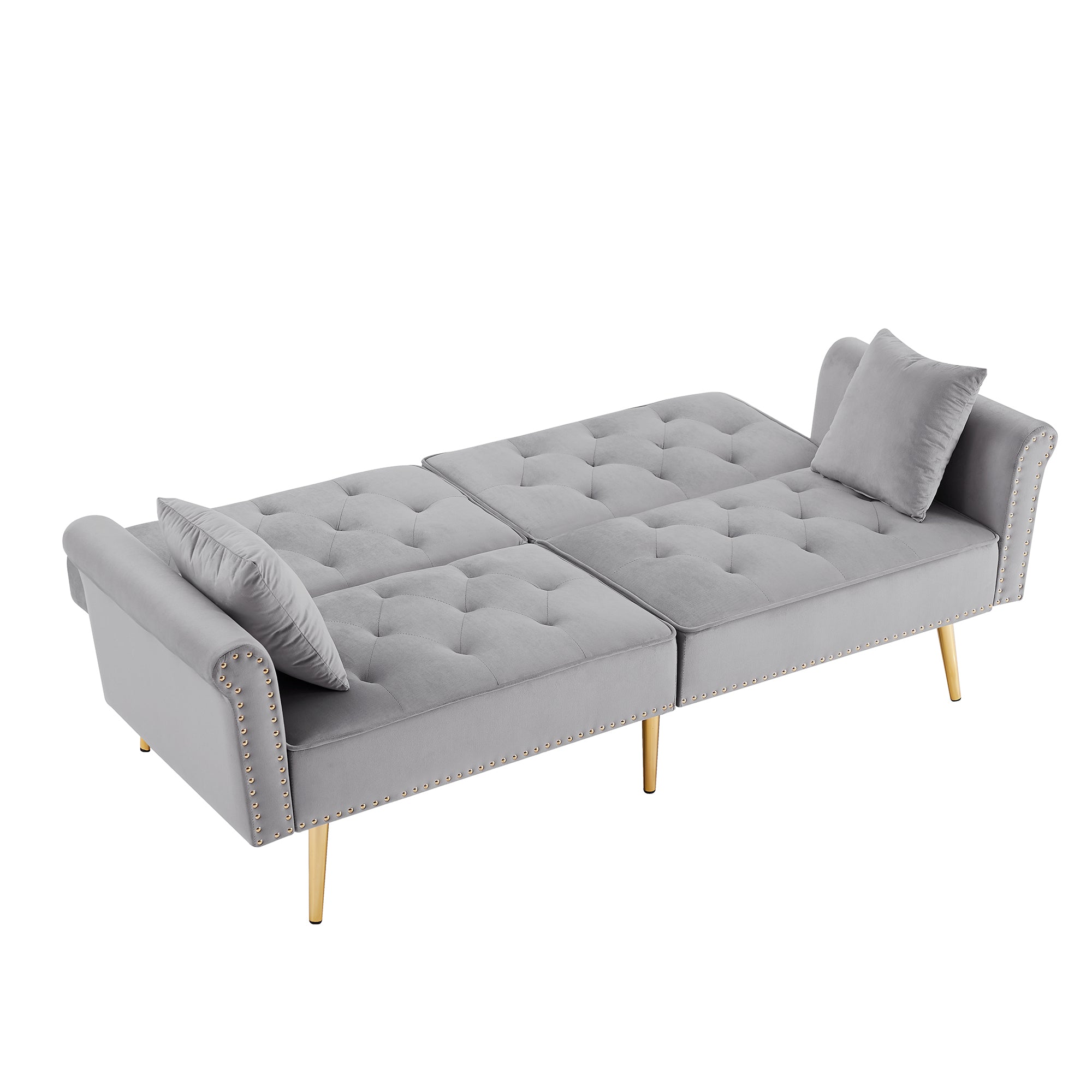 GREY Velvet Tufted Sofa Couch with 2 Pillows and Nailhead Trim