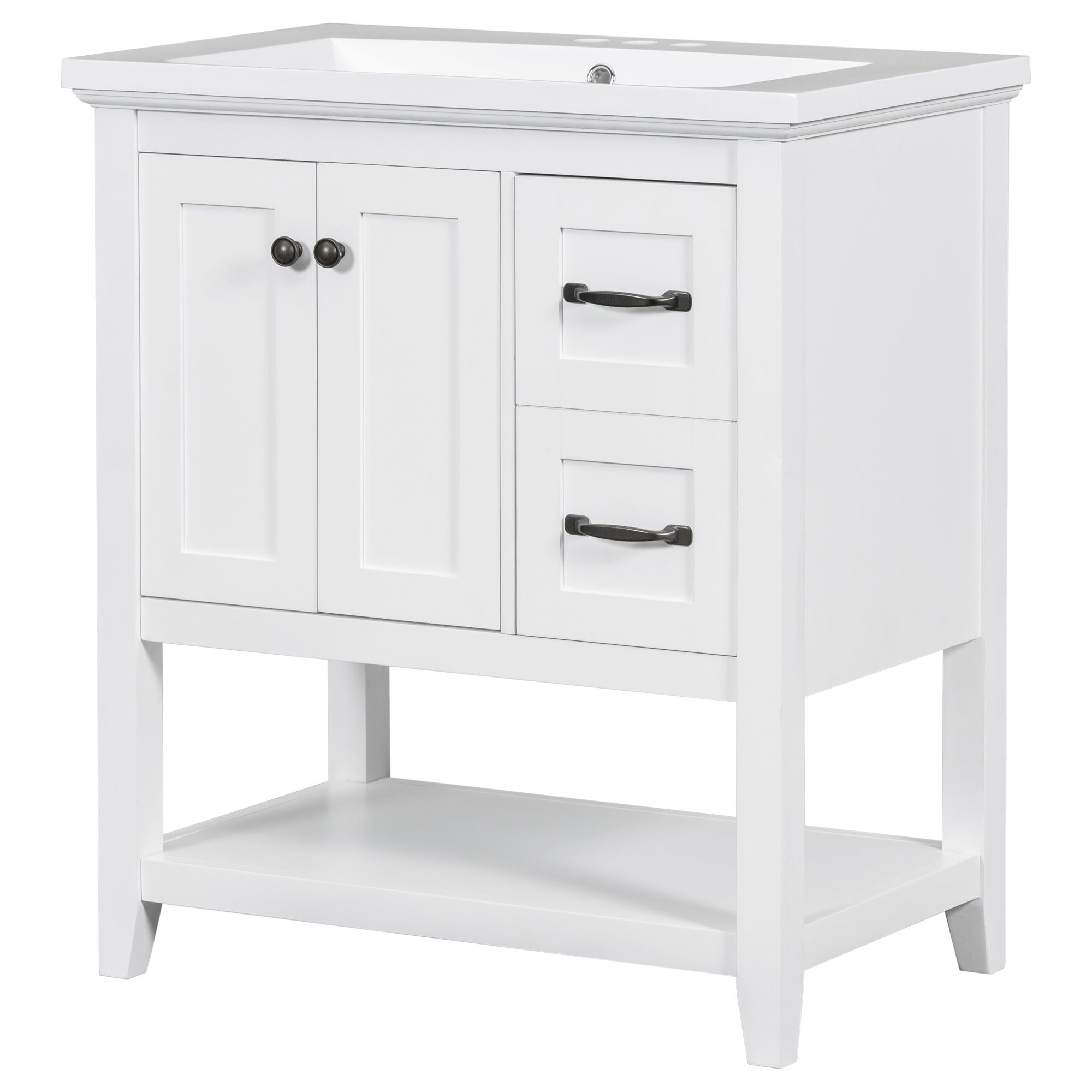 30" Bathroom Vanity with Ceramic Sink Top, Vanity Cabinet with Multi-Functional Drawer, Solid Wood Legs, White