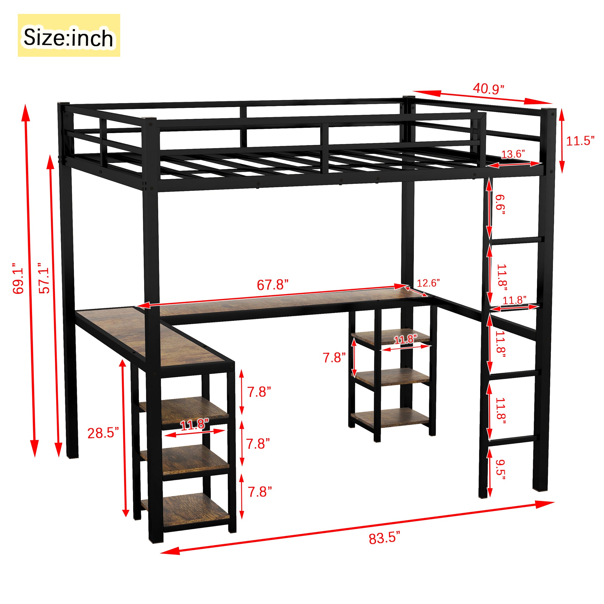 Twin XL Metal Loft Bed with Desk and Shelves, Loft Bed with Ladder and Guardrails, Loft Bed Frame for Bedroom, Black