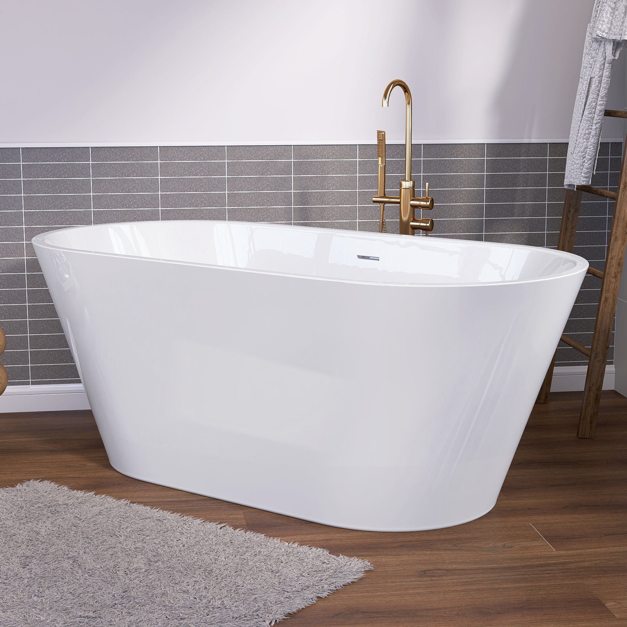 55" Acrylic Freestanding Bathtub Contemporary Soaking White Tub with Overflow and Pop-up Drain Gloss White