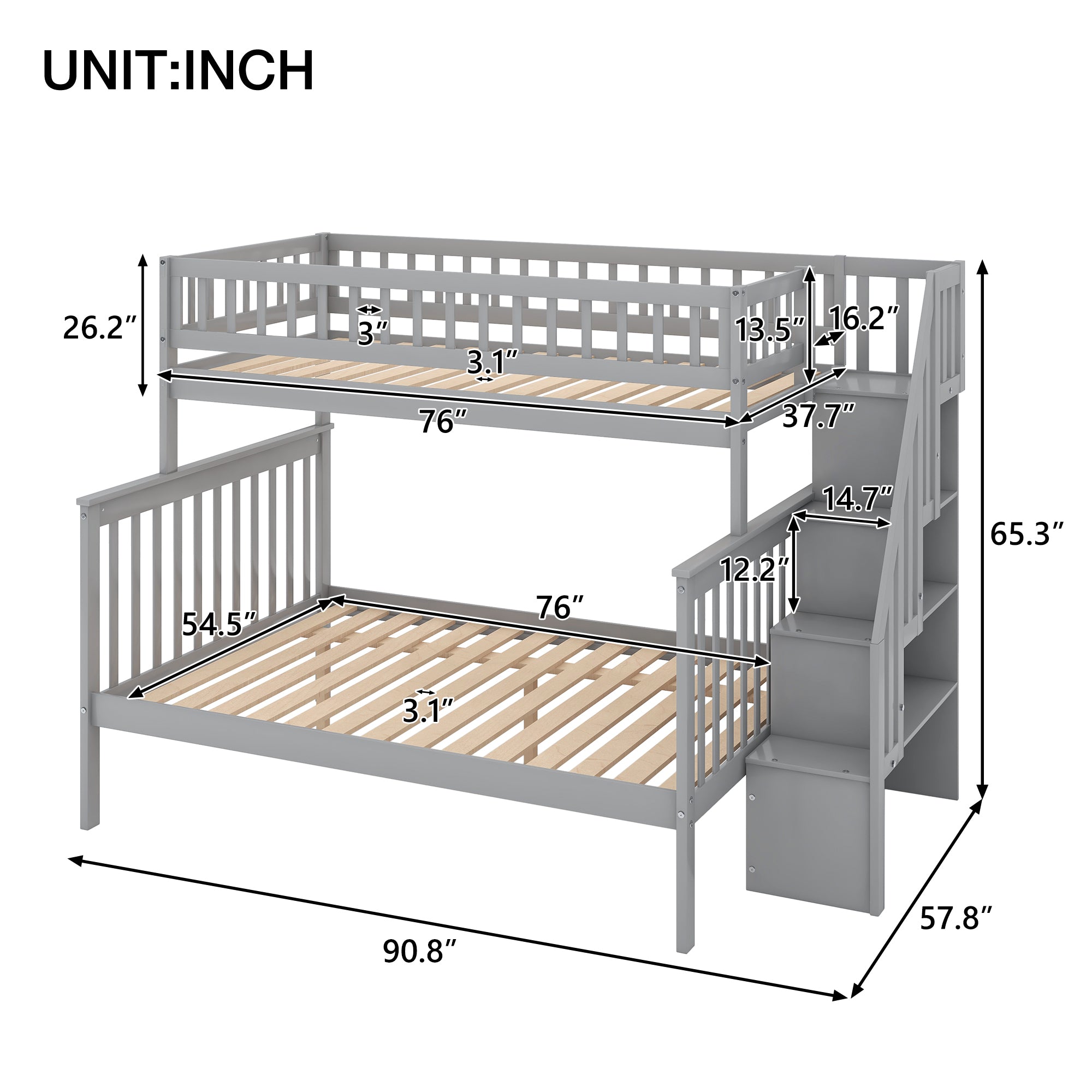 Twin over Full Stairway Bunk Bed with Storage, Gray