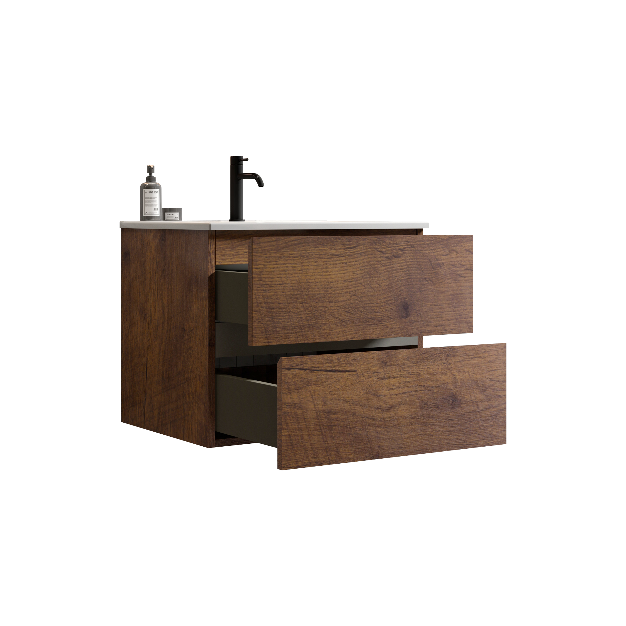 Wall Mount 24" Walnut Bathroom Vanity with Ceramic Sink with one faucet hole, Large Storage Floating Bathroom Vanity for Modern Bathroom, One-Piece Sink Basin without Drain and Faucet, Pre-assembled