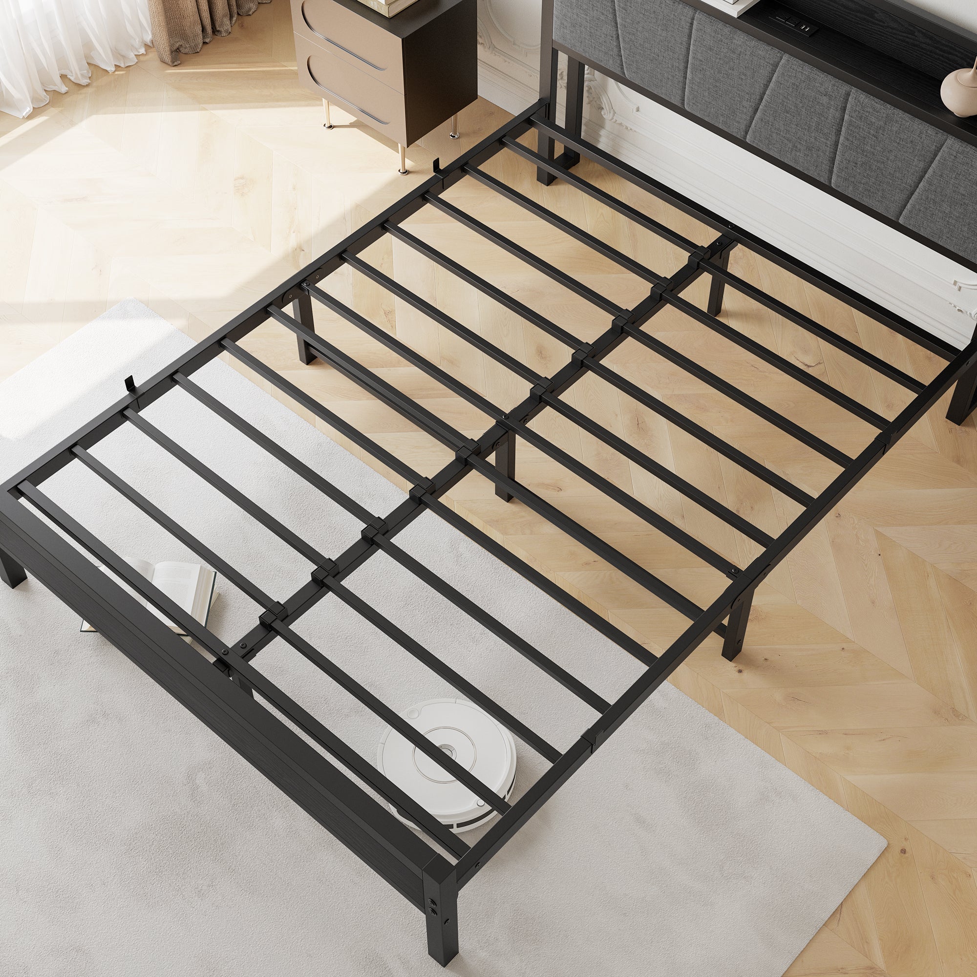 Queen Size Bed Frame, Storage Headboard with Charging Station, Solid and Stable, Noise Free, No Box Spring Needed, Easy Assembly