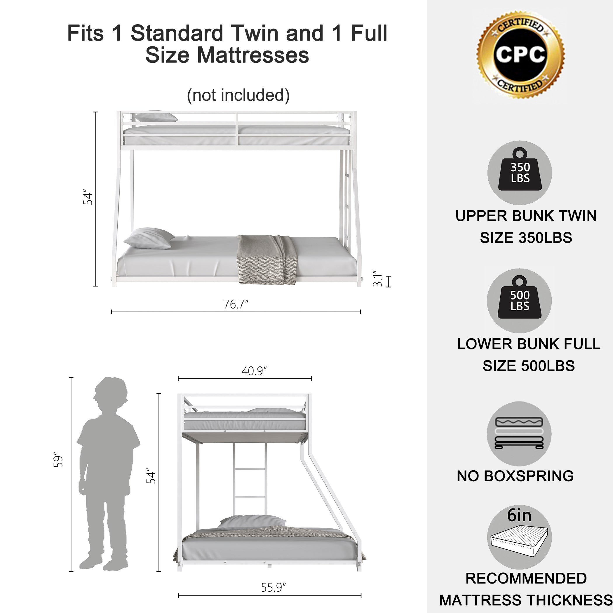 Adam Sturdy Twin Over Full Metal Bunk White for Kids and Adult, Low Profile and Easy Climbing with Stable Ladder