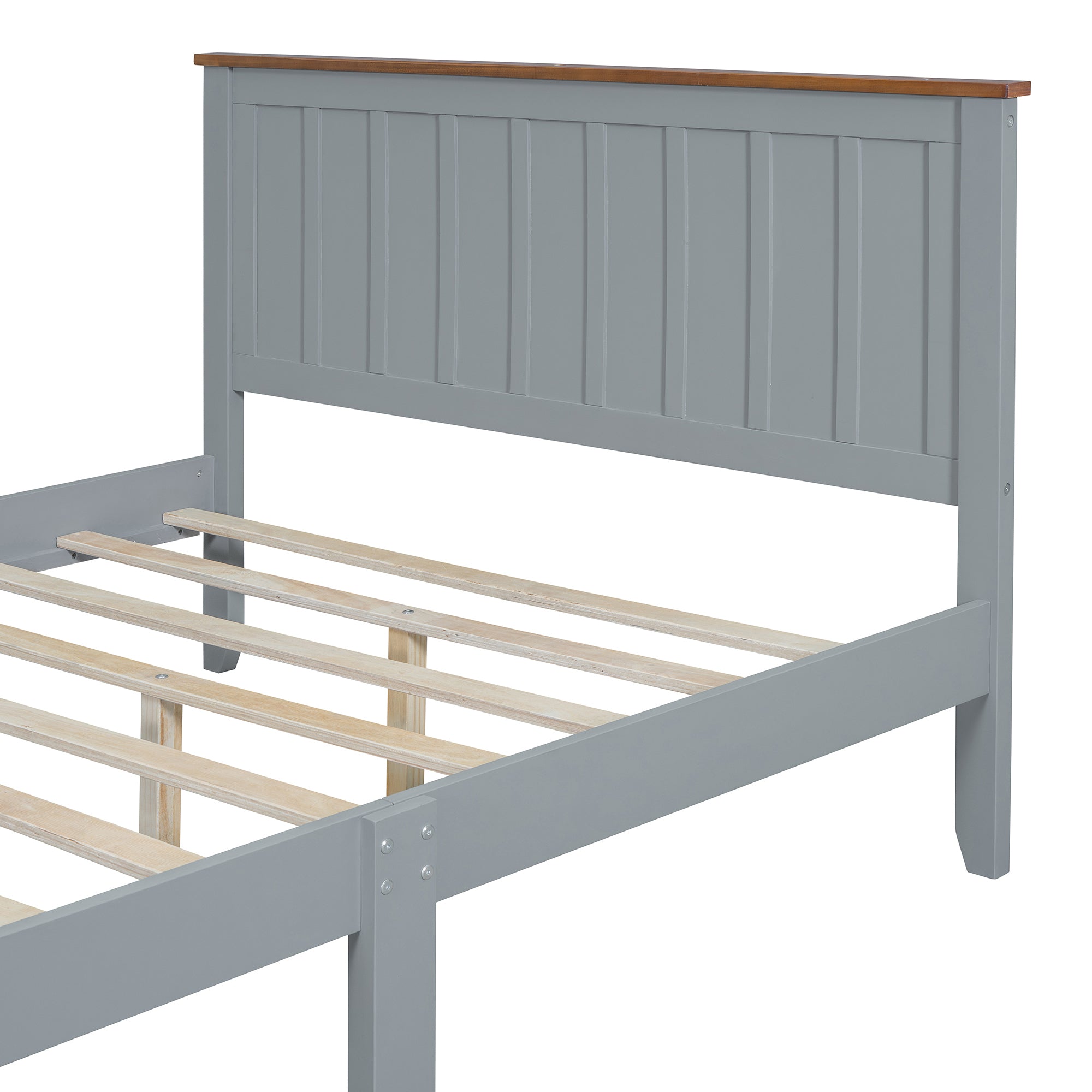 Full Size Wood Platform Bed Wooden Slat Support, Vintage Simple Bed Frame with Rectangular Headboard and Footboard, Grey