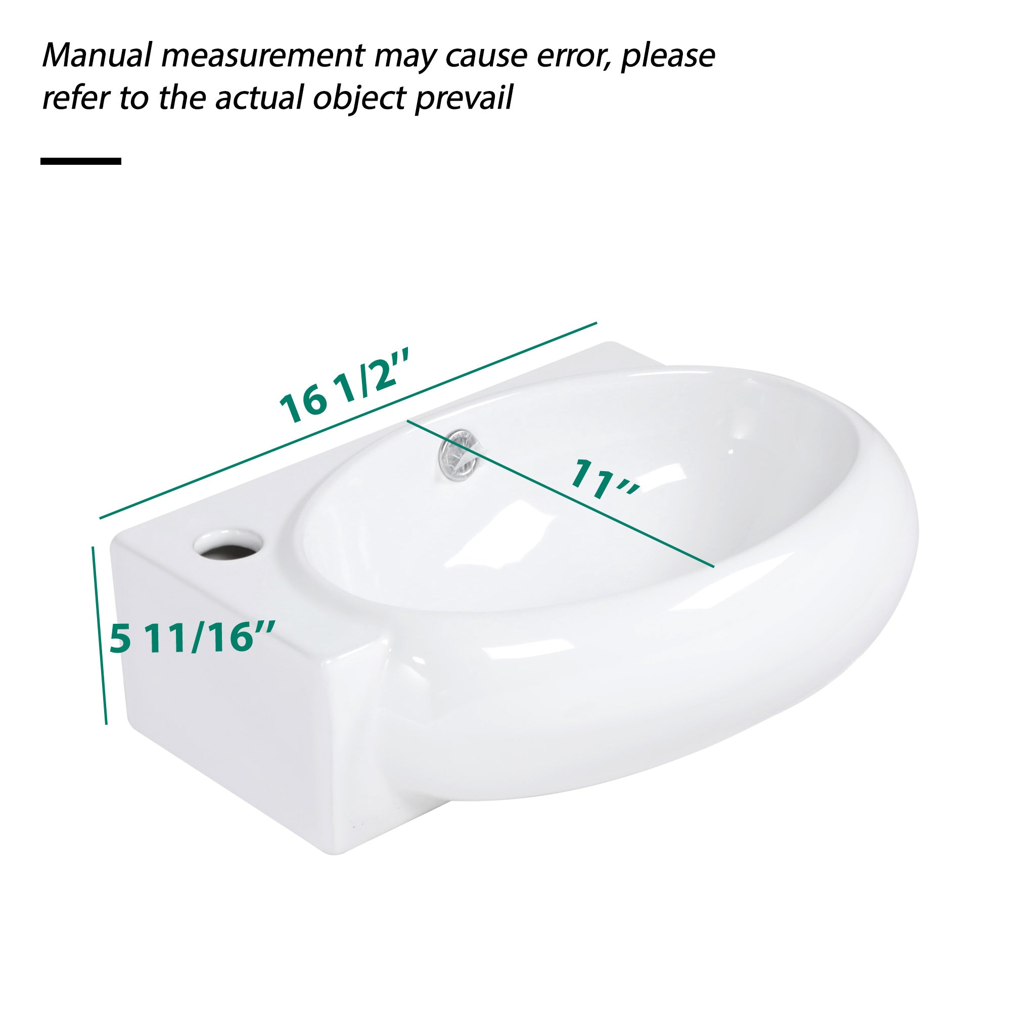 16x11 Inch White Ceramic Rectangle Wall Mount Bathroom Sink with Single Faucet Hole