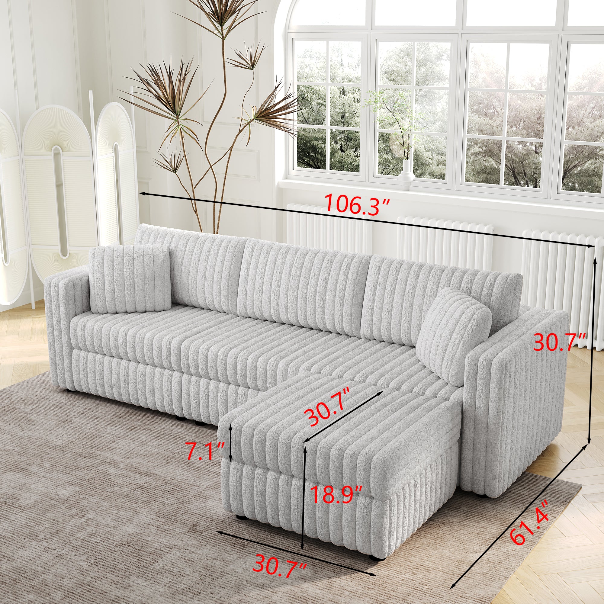 106.3" Soft Rabbit Plush 3-Person Sofa. Matches 30.7" Ottoman with Hydraulic Lift. Comfortable & Stylish. For Bedroom & Living Room. Light Gray. Modern Furniture. Modular Design.