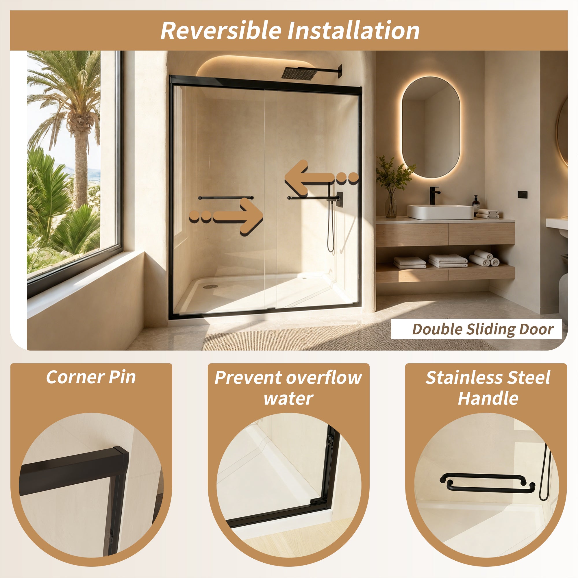 Sliding shower door 44-48 inch matte black installed bathroom view