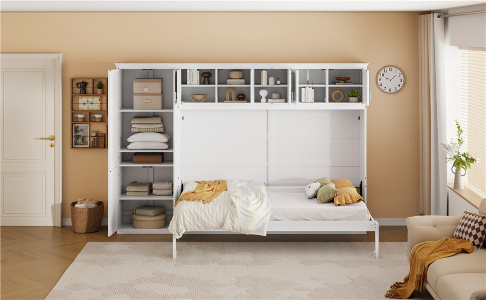 Queen Size Murphy Bed Wall Bed with Cabinets,White