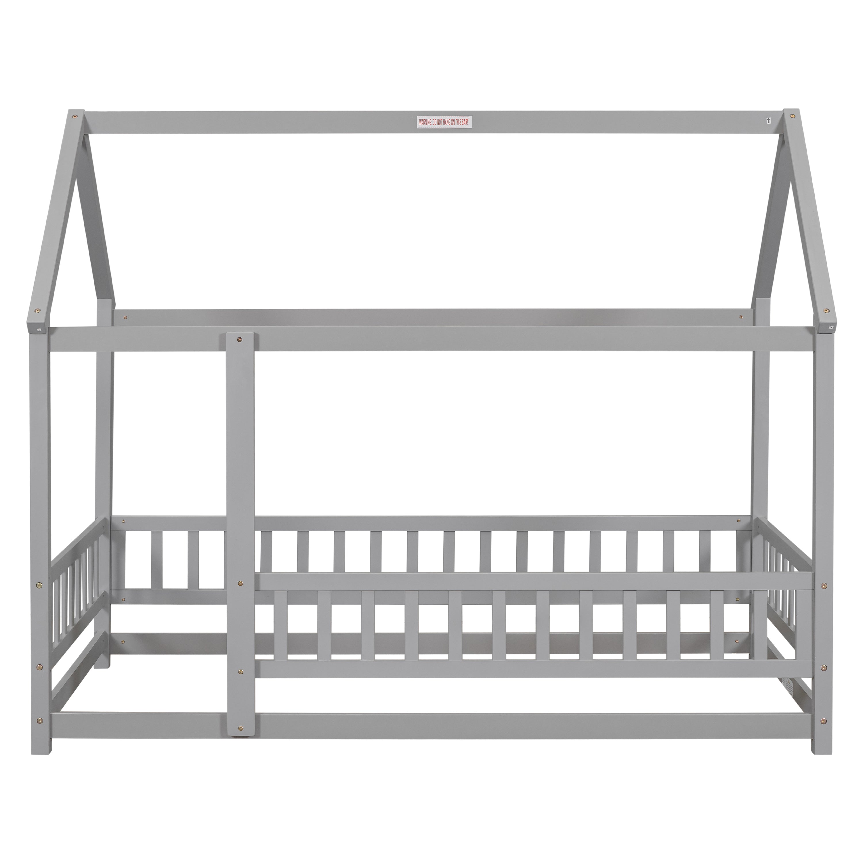 Twin Size Floor Wooden Bed with House Roof Frame, Fence Guardrails,Grey(Old SKU:W1791106614)