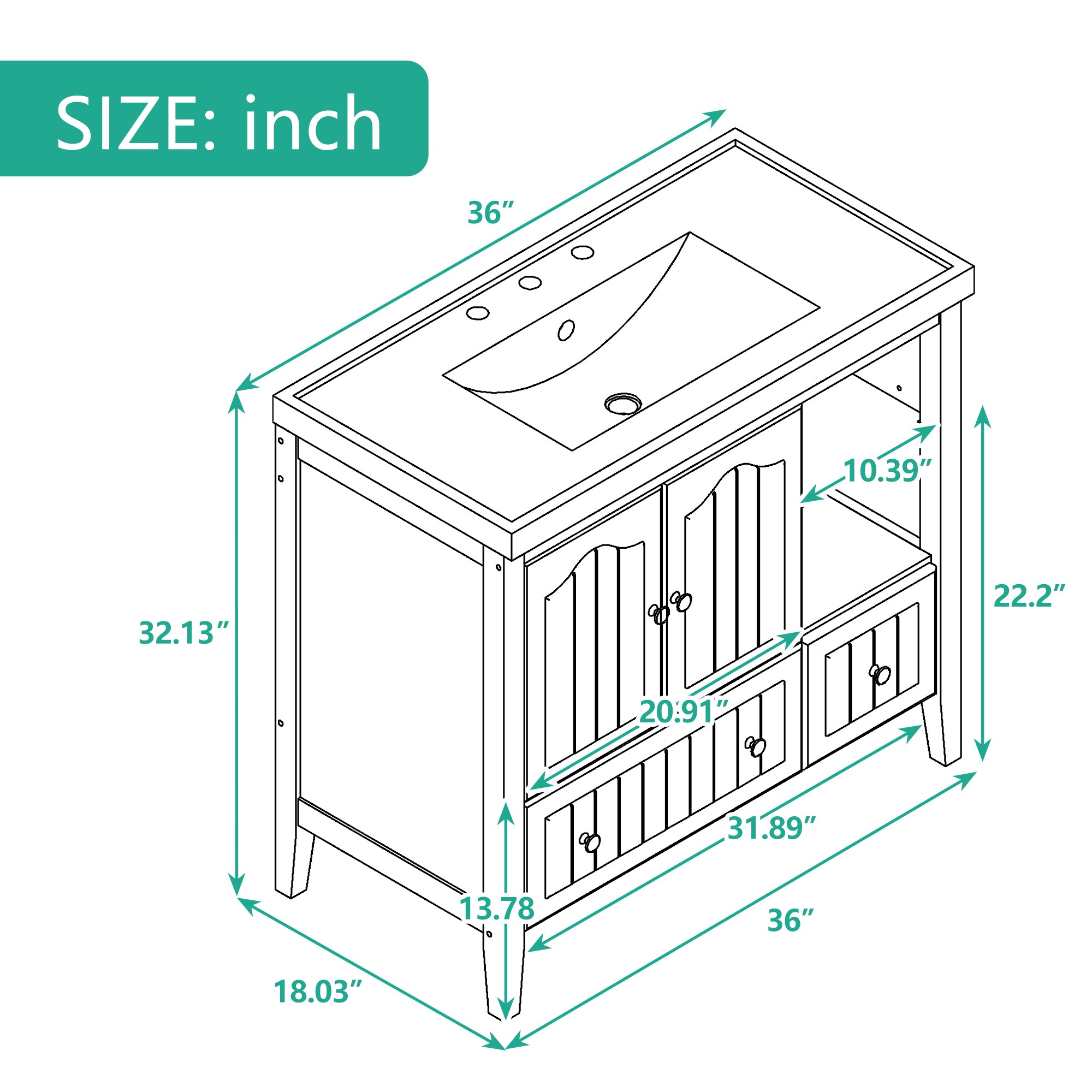 [VIDEO] 36" Bathroom Vanity with Ceramic Basin, Bathroom Storage Cabinet with Two Doors and Drawers, Solid Frame, Metal Handles, White