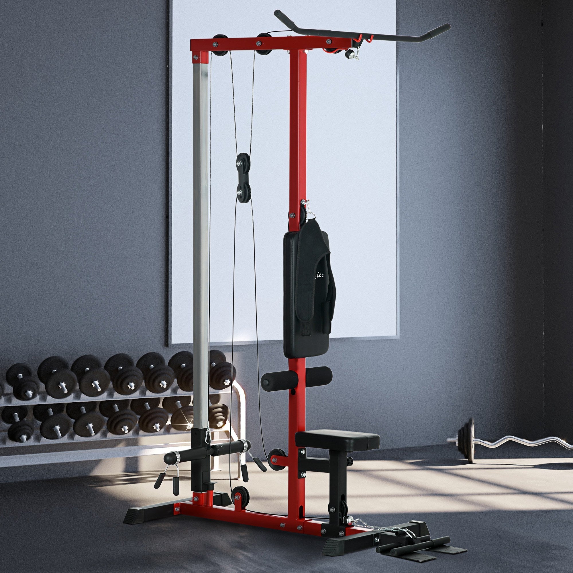 Soozier Cable Machine, LAT Machine with High and Low Pulley Stations, Cable Row Machine with Adjustable Seat and Flip-Up Footplate, for Home Gym, Black and Red