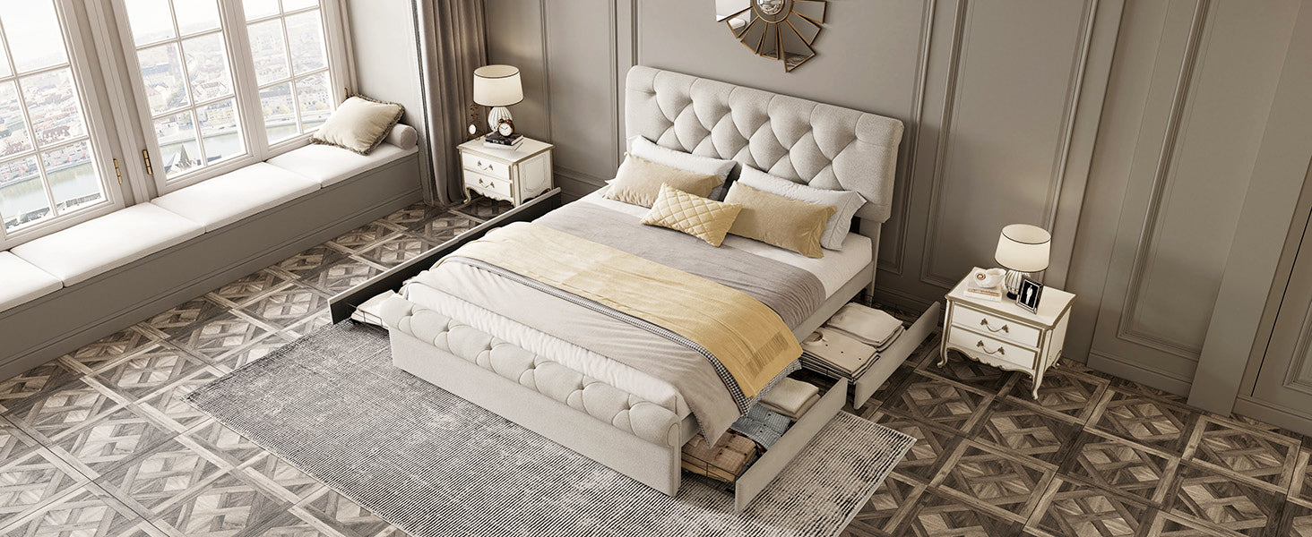 Full size Upholstered Platform bed with Four Drawers, Antique Curved Headboard, Linen Fabric, Beige (without mattress)