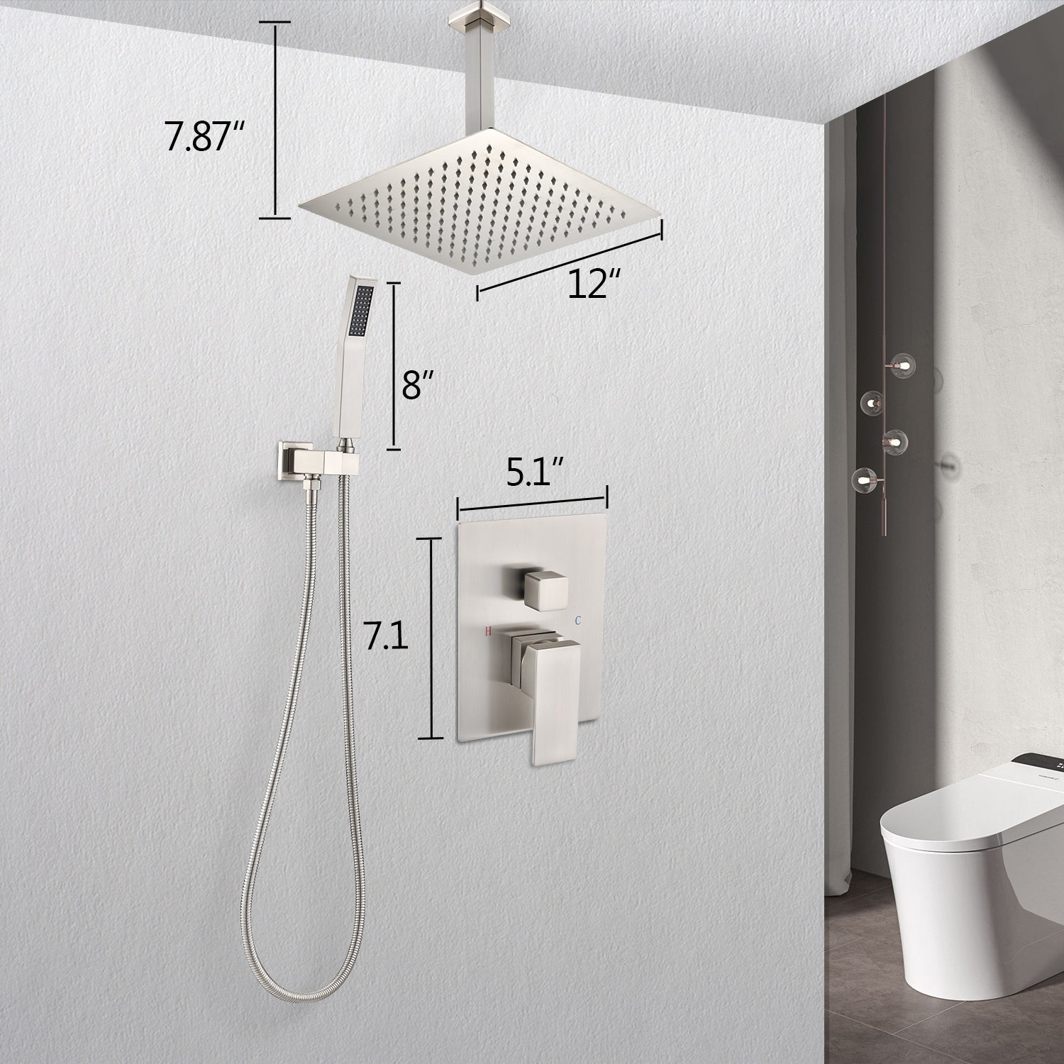 Ceiling Mounted Shower System Combo Set with Handheld and 12"Shower head