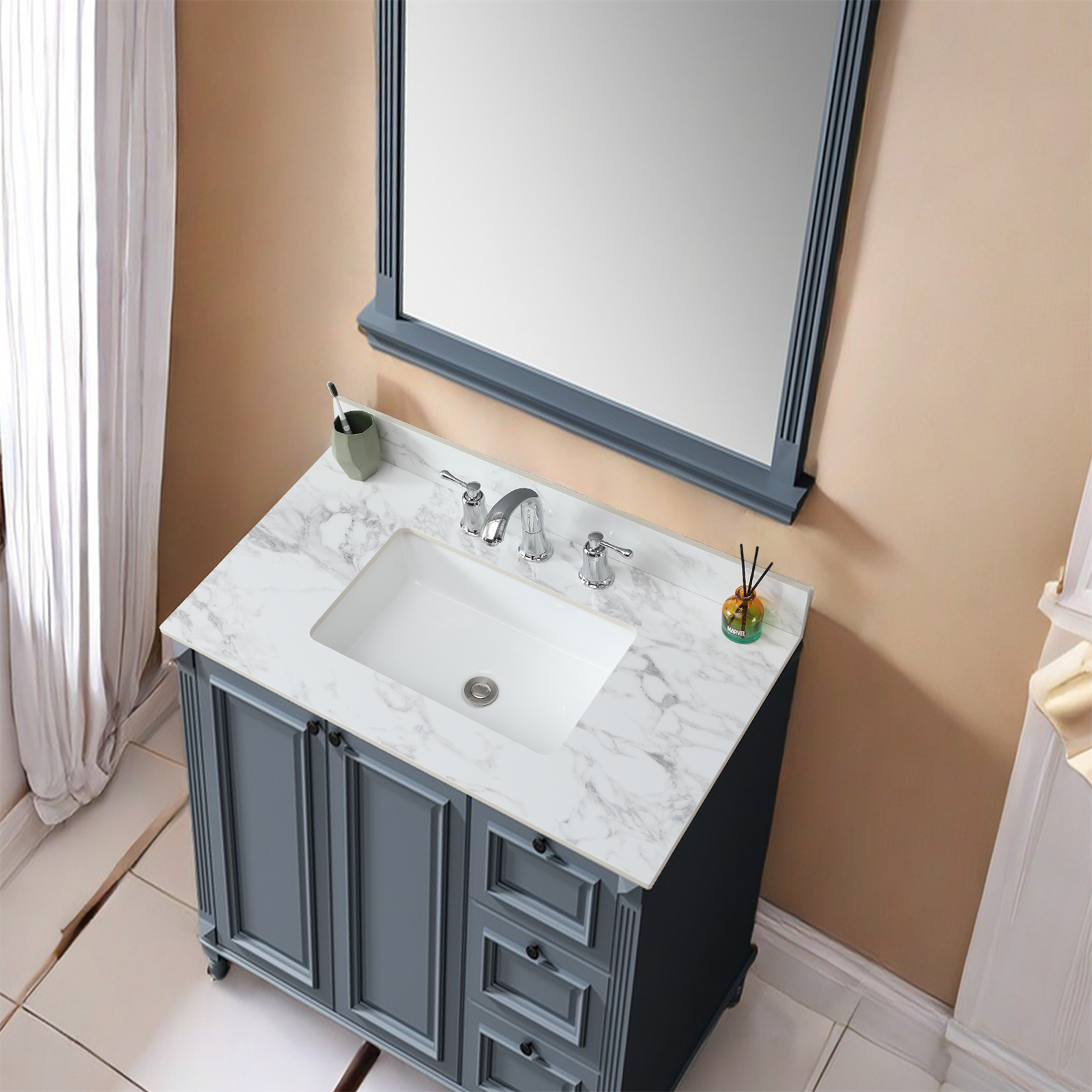 37"x22"Bathroom Vanity Top,sintered stone carra white   Barthroom Vanity Sink Tops with Rectangular Undermount Ceramic Sink with Vanity Backsplash, Three Faucet Hole Bathroom Vanity Countertop