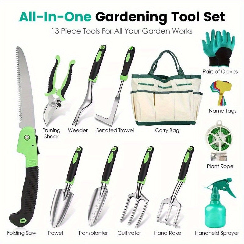 13 Piece Garden Tool Set, Heavy Duty Aluminum Gardening Hand Tool Kit with Storage Bag