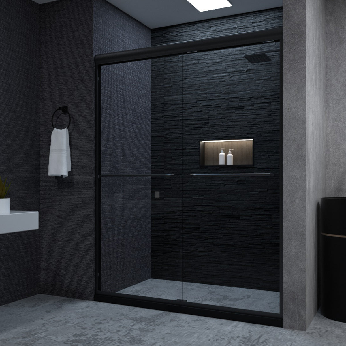 Semi-Frameless Sliding Shower Door 56-60"W x 72"H, Bathroom Sliding Door with 5/16" Clear Tempered Glass, Matte Black Finish, Designed for Smooth Door Closing