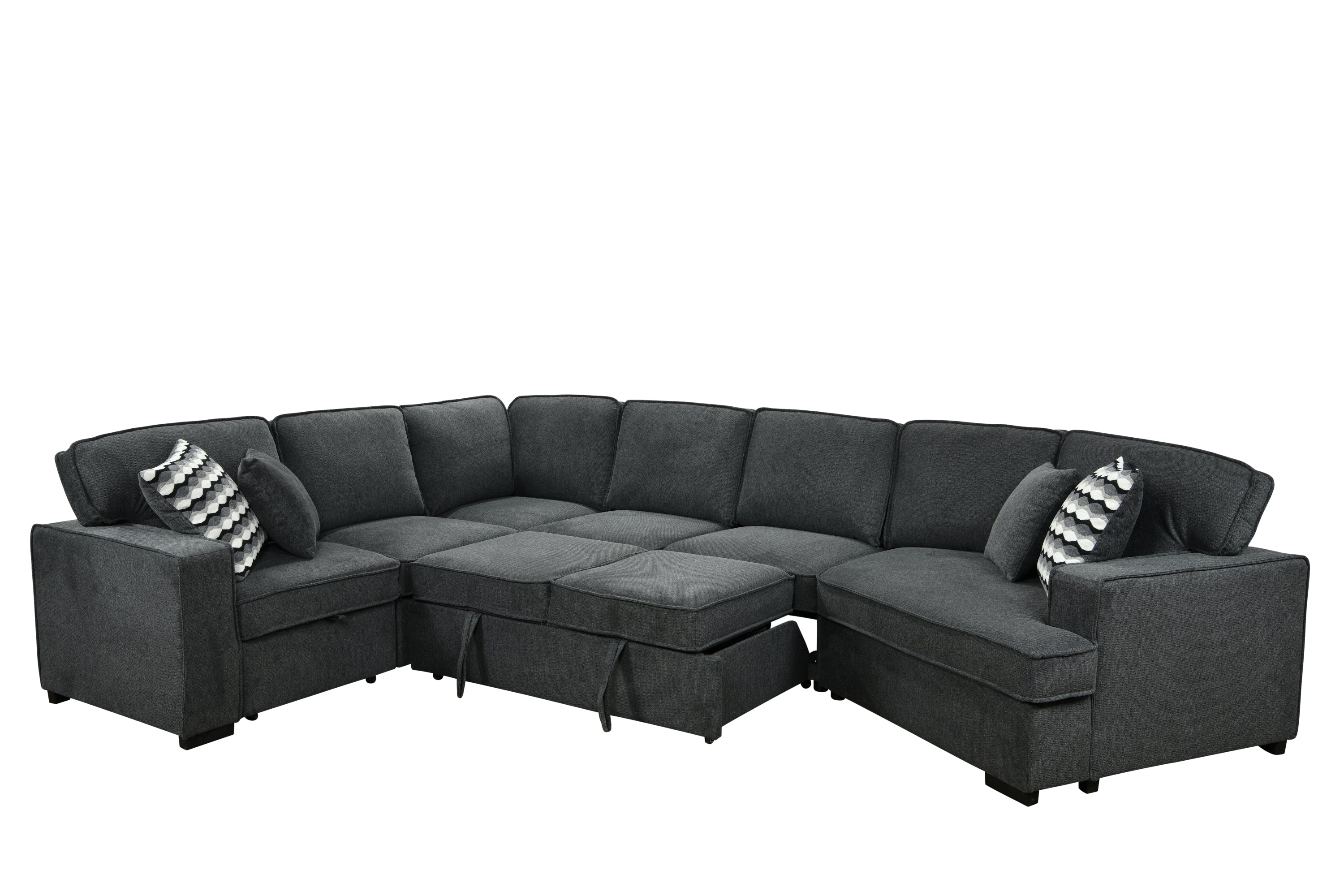 146"Oversized Upholstered Sectional Pull Out Sleeper Bed and Chaise Lounge, U-Shaped Sofa with 2 pull-out bed, 4 Pillows & 2 Cup Holders on Back Cushions for Home, Bedroom, Apartment, Dark Gray