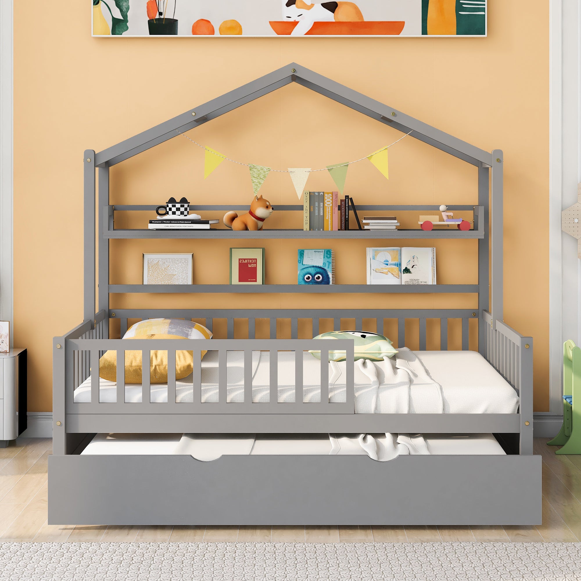 Wooden Full Size House Bed with Twin Size Trundle,Kids Bed with Shelf, Gray