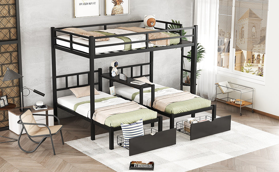 FULL XL Over Twin & Twin Triple Bunk Bed with Drawers, Multi-functional Metal Frame Bed with desks and shelves in the middle, Black