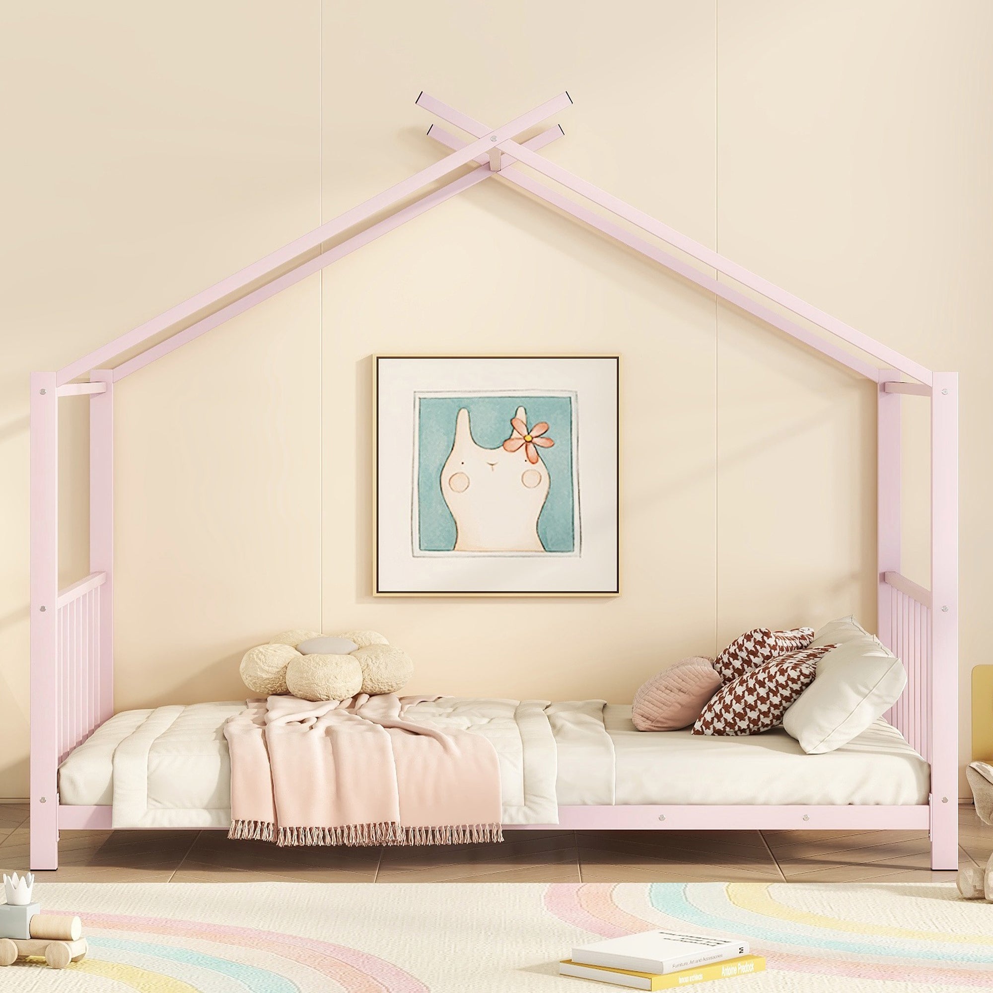 Twin Size Metal House Platform Bed, Pink