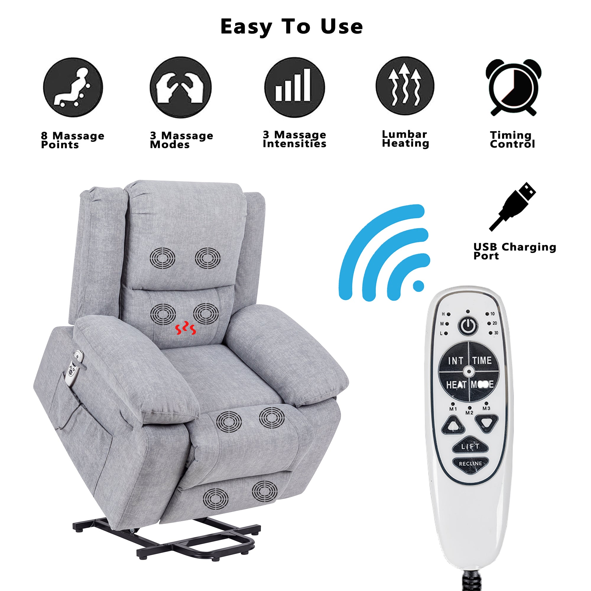 Electric Power Recliner Chair With Massage For Elderly ,Remote Control Multi-function Lifting, Timing, Cushion Heating Chair With Side Pocket Light Grey