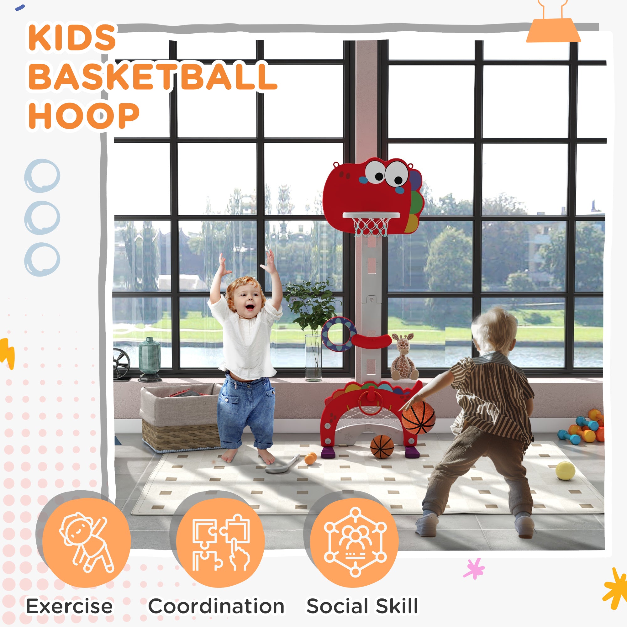 Qaba 5-in-1 Kids Basketball Hoop, Toddler Sports Activity Center, 5 Level Adjustable Height Basketball Goal with Soccer, Golf, Ring Toss & Throw Ball Game for Boys Girls 3-6 Years Indoor, Red