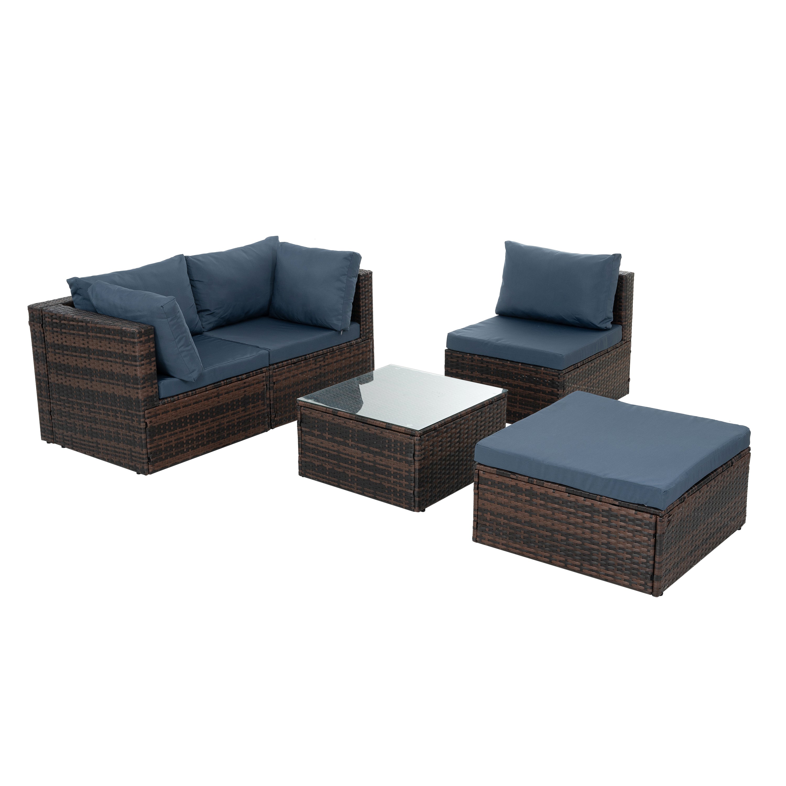 Patio Furniture, Outdoor Furniture, Seasonal PE Wicker Furniture, 5 Set Wicker Furniture With Tempered Glass Coffee Table,