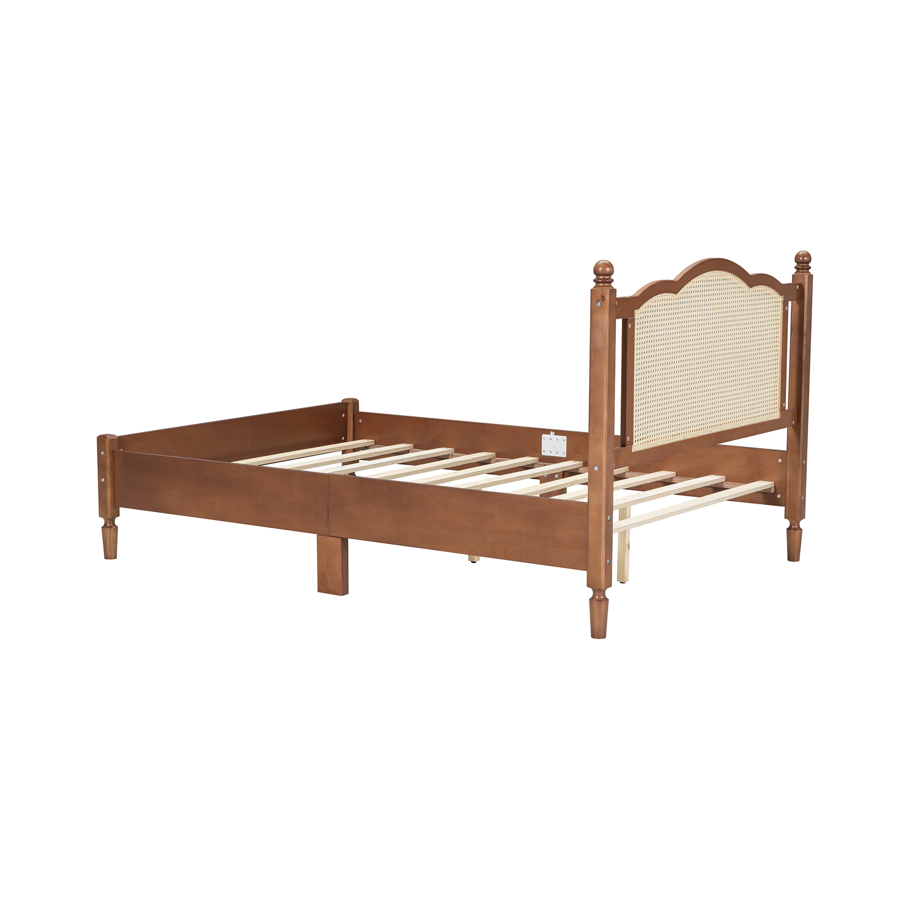 Full Size Wooden Platform Bed with Natural Rattan Headboard, Vintage Bed Frame with Wooden Slat Support, Walnut