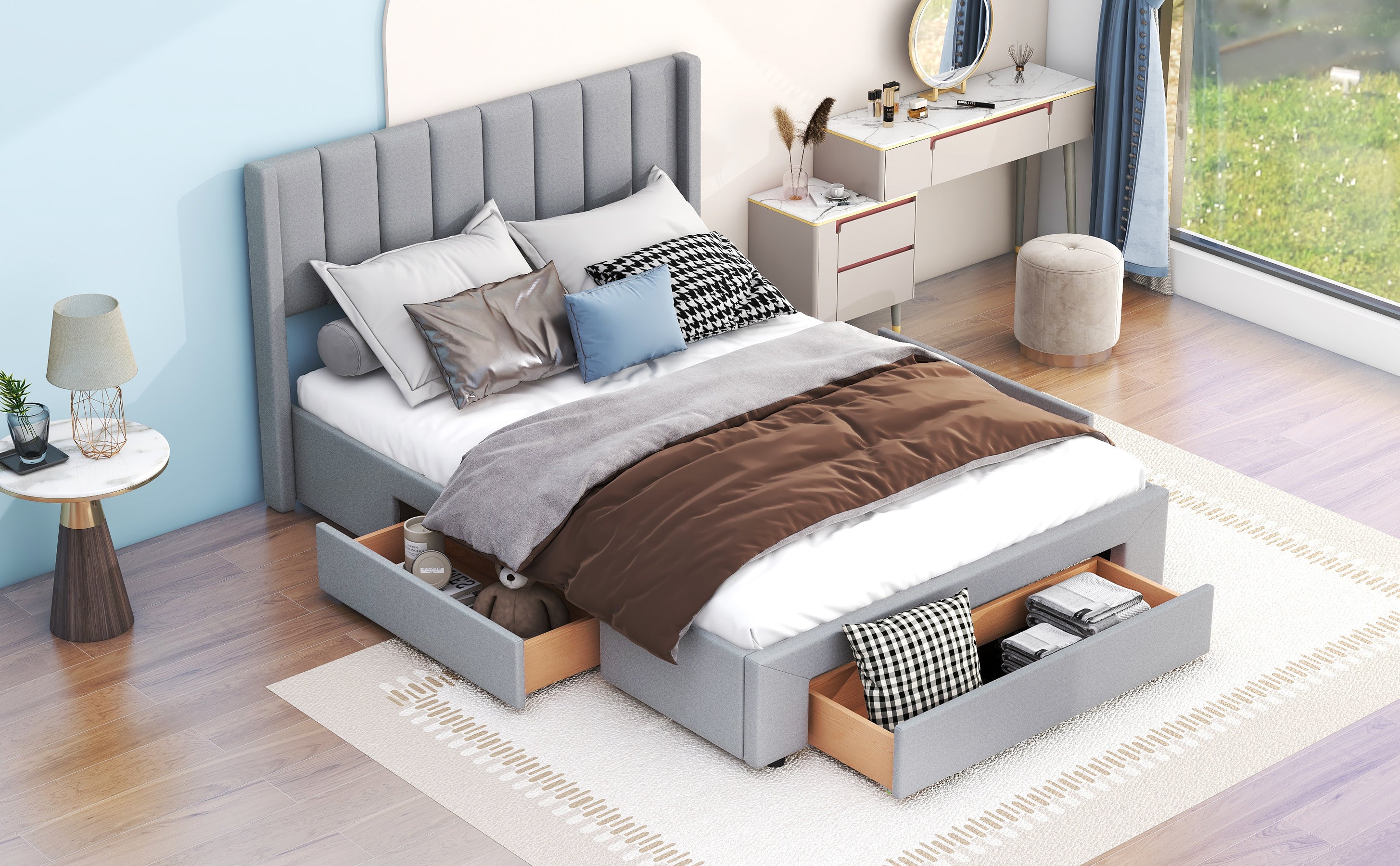 Queen Size Upholstered Platform Bed with One Large Drawer in the Footboard and Drawer on Each Side,Gray