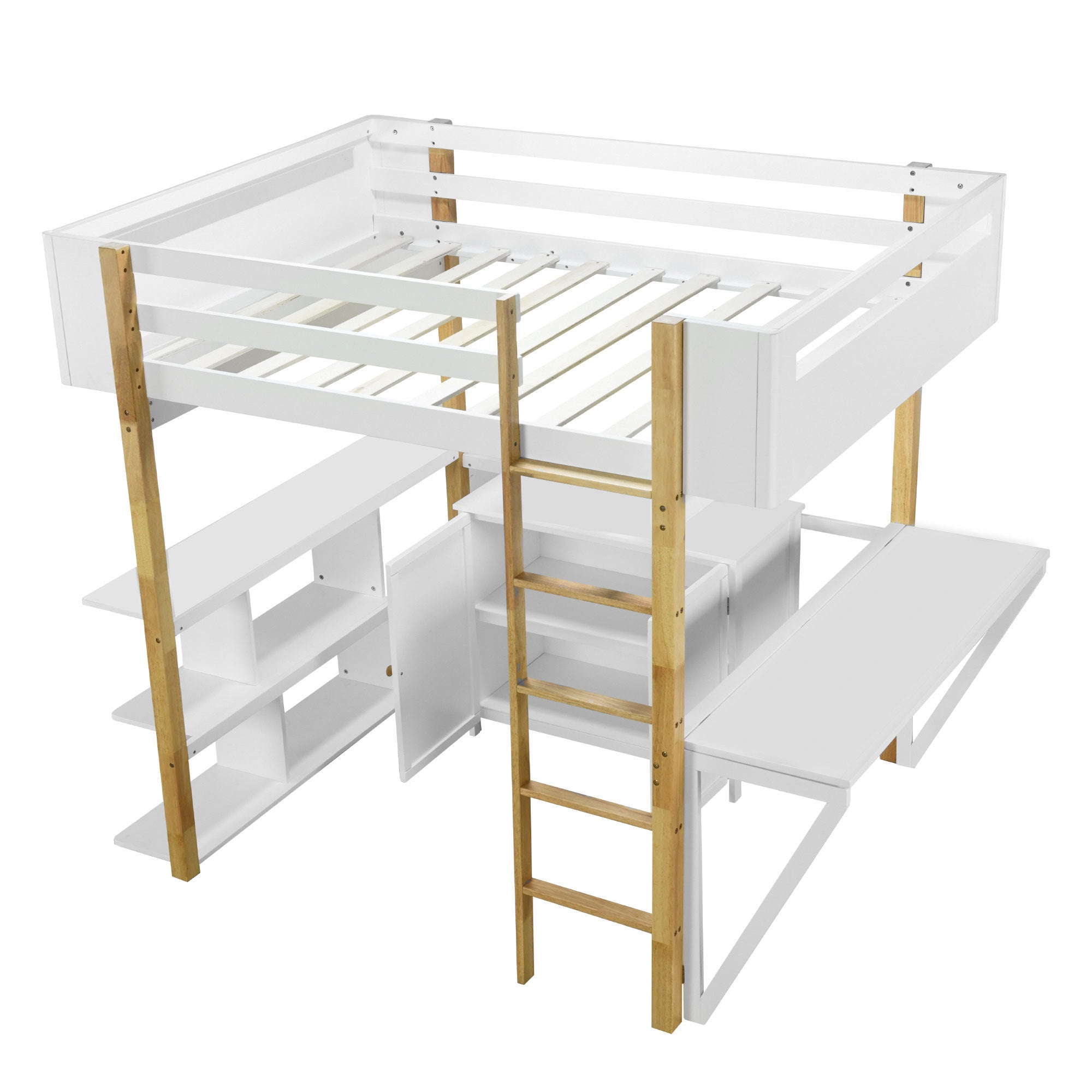 Full Size Wood Loft Bed With Built-in Storage Cabinet and Cubes, Foldable desk, White