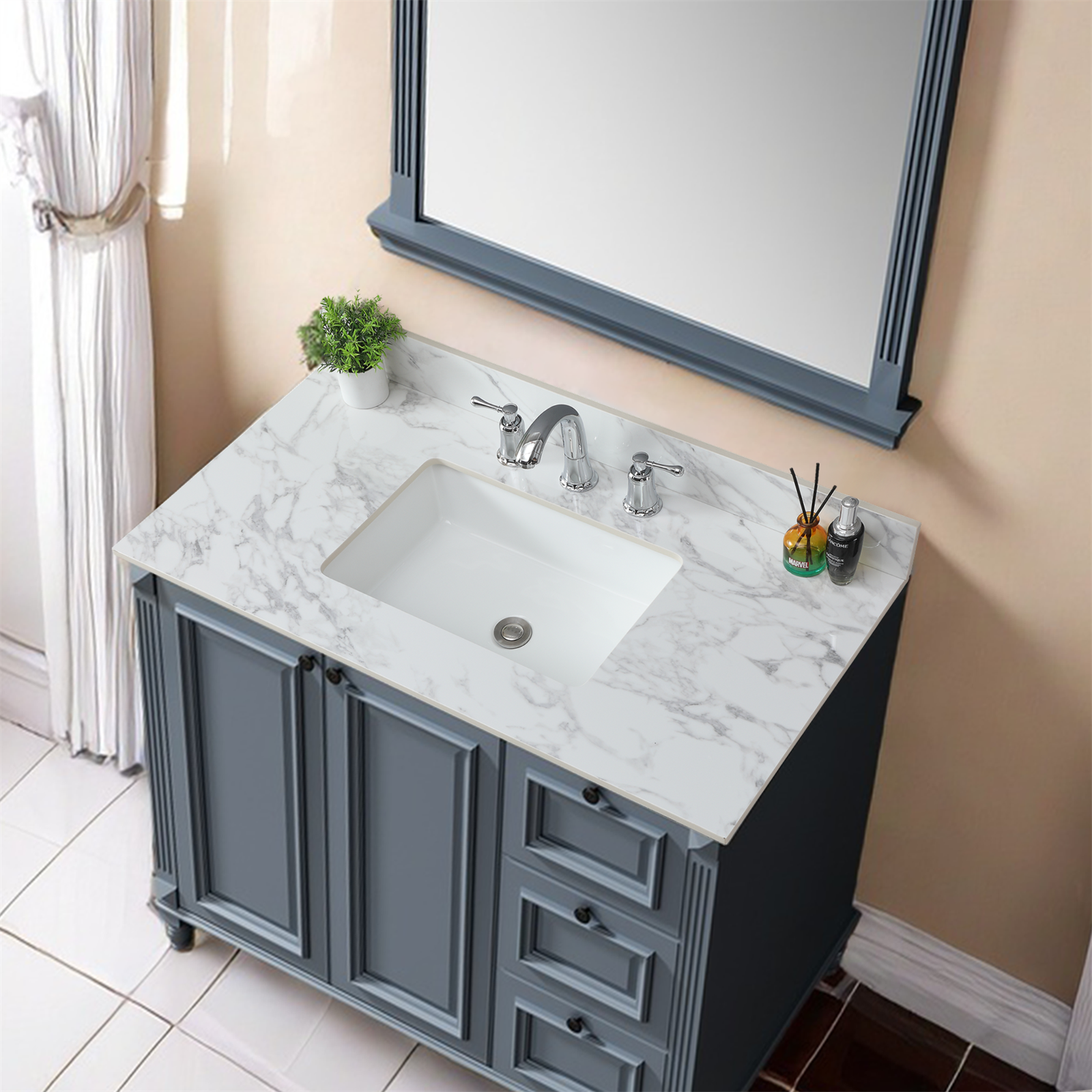 43"x22"Bathroom Vanity Top,sintered stone carra white   Barthroom Vanity Sink Tops with Rectangular Undermount Ceramic Sink with Vanity Backsplash, Three Faucet Hole Bathroom Vanity Countertop