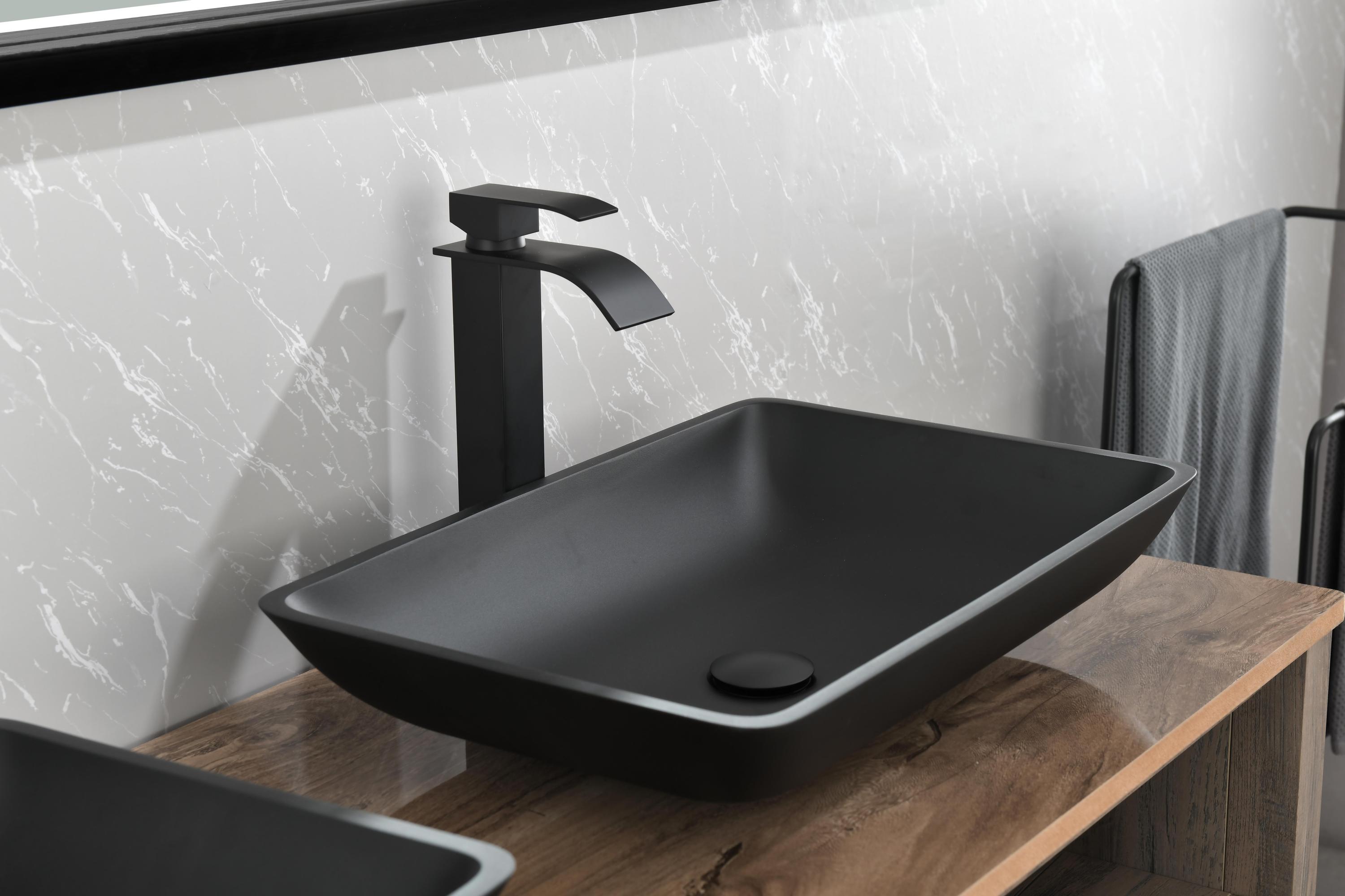 14.38" L -22.25" W -4-3/8 in. H Matte Shell  Glass Rectangular Vessel Bathroom Sink in Black with  Faucet and Pop-Up Drain in Matte Black