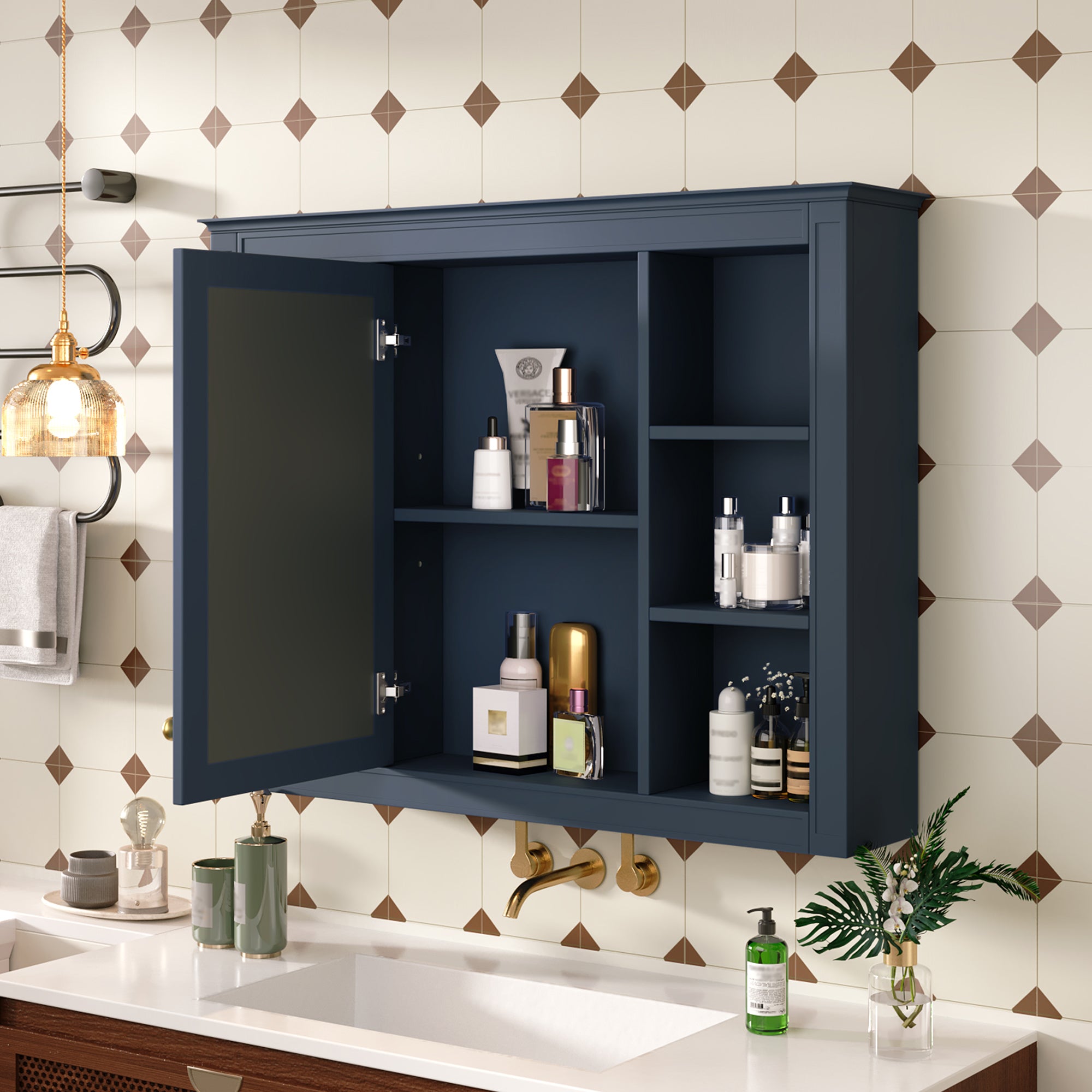 Wall-mounted bathroom mirror cabinet with 6 open shelves, angled view